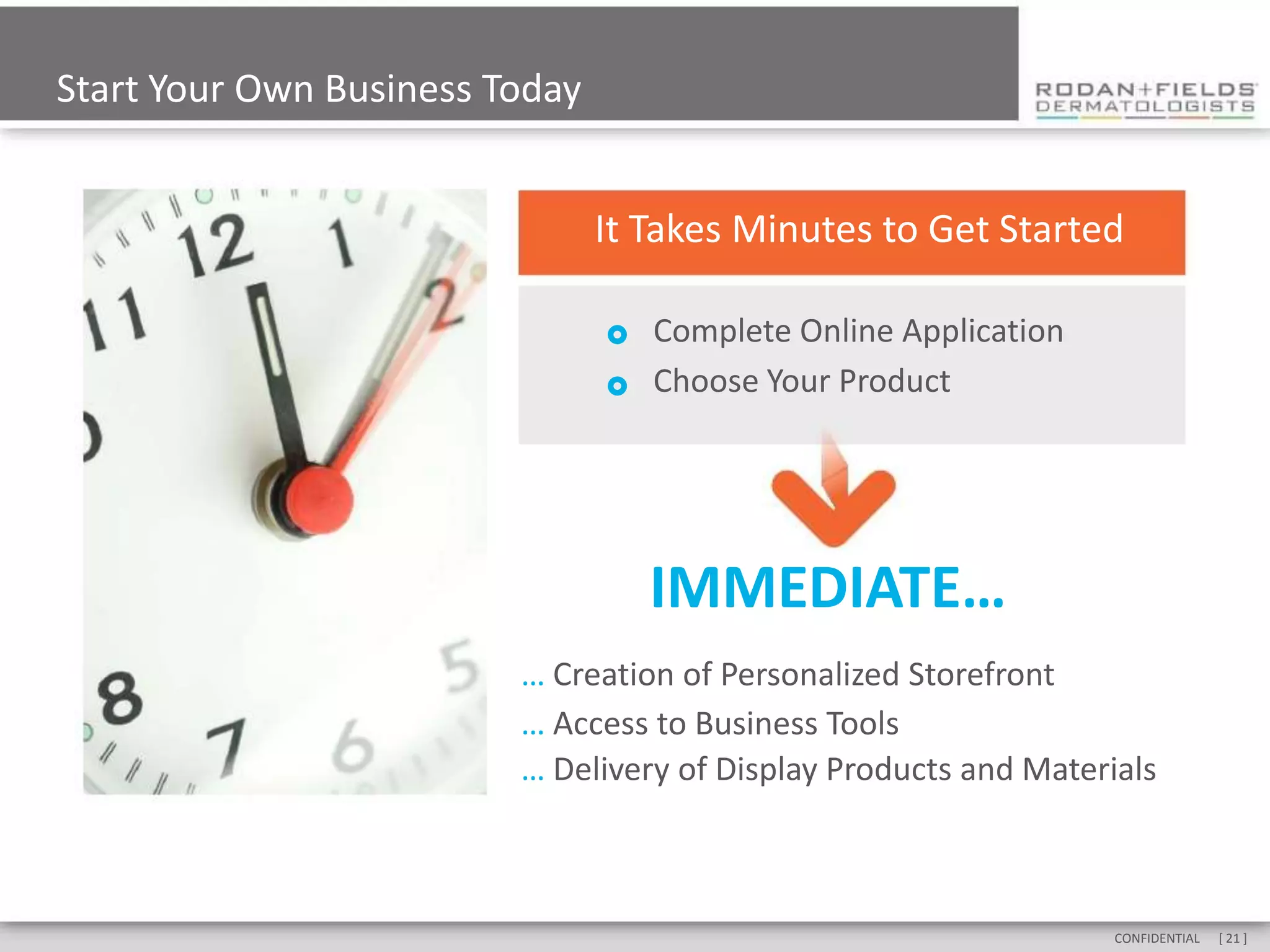 Start Your Own Business Today


                                It Takes Minutes to Get Started

                                   Complete Online Application
                                   Choose Your Product




                                    IMMEDIATE…
                         … Creation of Personalized Storefront
                         … Access to Business Tools
                         … Delivery of Display Products and Materials



                                                                  CONFIDENTIAL   [ 21 ]
 