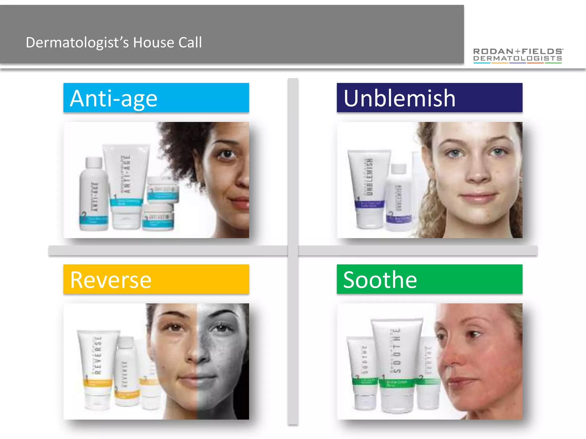 Dermatologist’s House Call


      Anti-age               Unblemish




      Reverse                Soothe
 
