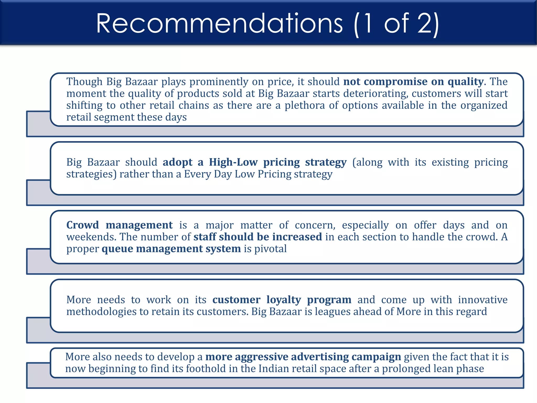 Recommendations (1 of 2)
Though Big Bazaar plays prominently on price, it should not compromise on quality. The
moment the quality of products sold at Big Bazaar starts deteriorating, customers will start
shifting to other retail chains as there are a plethora of options available in the organized
retail segment these days

Big Bazaar should adopt a High-Low pricing strategy (along with its existing pricing
strategies) rather than a Every Day Low Pricing strategy

Crowd management is a major matter of concern, especially on offer days and on
weekends. The number of staff should be increased in each section to handle the crowd. A
proper queue management system is pivotal

More needs to work on its customer loyalty program and come up with innovative
methodologies to retain its customers. Big Bazaar is leagues ahead of More in this regard

More also needs to develop a more aggressive advertising campaign given the fact that it is
now beginning to find its foothold in the Indian retail space after a prolonged lean phase

 