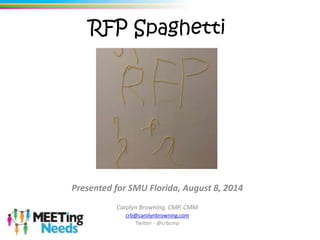 RFP Spaghetti
Presented for SMU Florida, August 8, 2014
Carolyn Browning, CMP, CMM
crb@carolynbrowning.com
Twitter - @crbcmp
 
