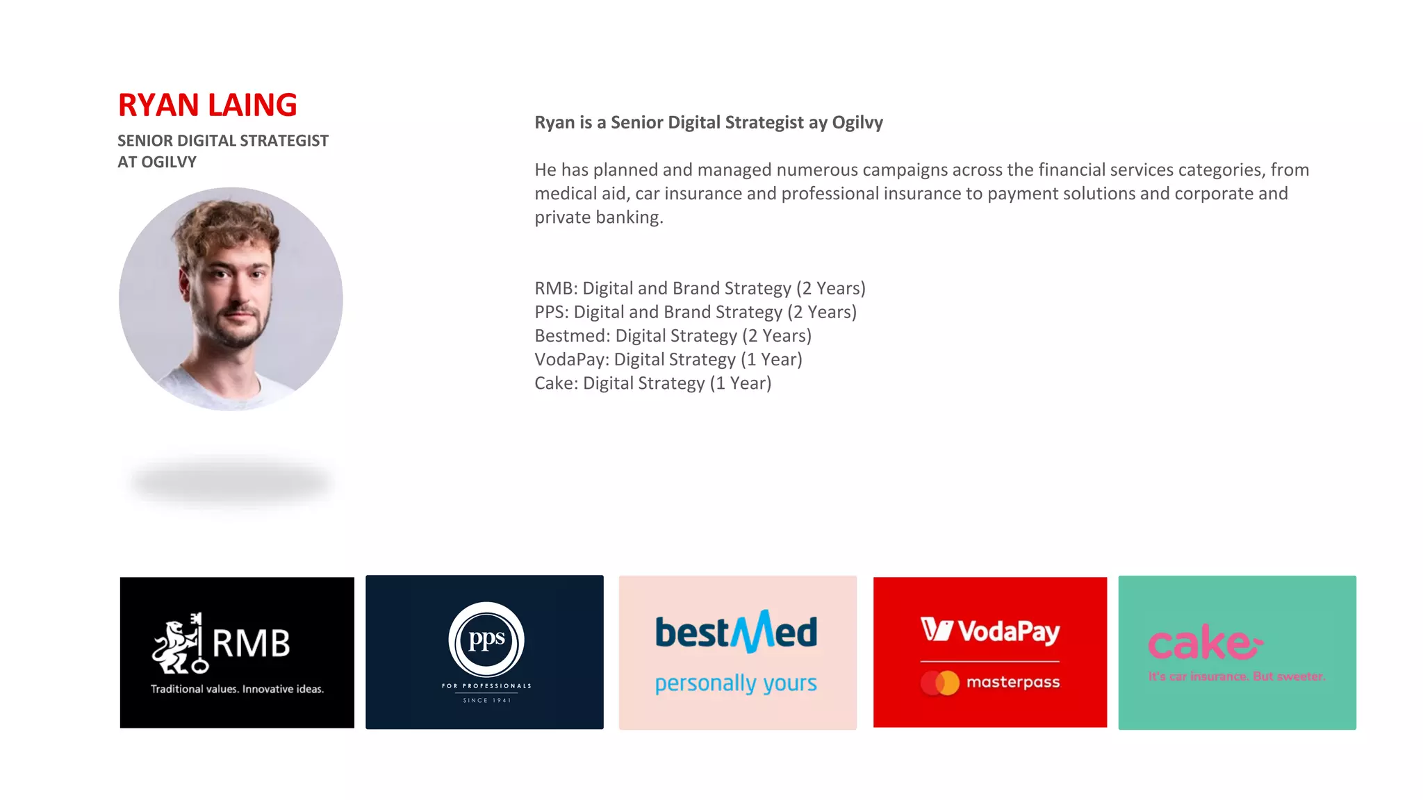 Ryan is a Senior Digital Strategist ay Ogilvy
He has planned and managed numerous campaigns across the financial services categories, from
medical aid, car insurance and professional insurance to payment solutions and corporate and
private banking.
RMB: Digital and Brand Strategy (2 Years)
PPS: Digital and Brand Strategy (2 Years)
Bestmed: Digital Strategy (2 Years)
VodaPay: Digital Strategy (1 Year)
Cake: Digital Strategy (1 Year)
SENIOR DIGITAL STRATEGIST
AT OGILVY
RYAN LAING
 