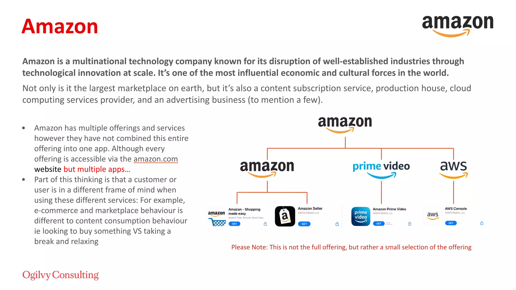 Amazon is a multinational technology company known for its disruption of well-established industries through
technological innovation at scale. It’s one of the most influential economic and cultural forces in the world.
Not only is it the largest marketplace on earth, but it’s also a content subscription service, production house, cloud
computing services provider, and an advertising business (to mention a few).
• Amazon has multiple offerings and services
however they have not combined this entire
offering into one app. Although every
offering is accessible via the amazon.com
website but multiple apps…
• Part of this thinking is that a customer or
user is in a different frame of mind when
using these different services: For example,
e-commerce and marketplace behaviour is
different to content consumption behaviour
ie looking to buy something VS taking a
break and relaxing
Please Note: This is not the full offering, but rather a small selection of the offering
Amazon
 
