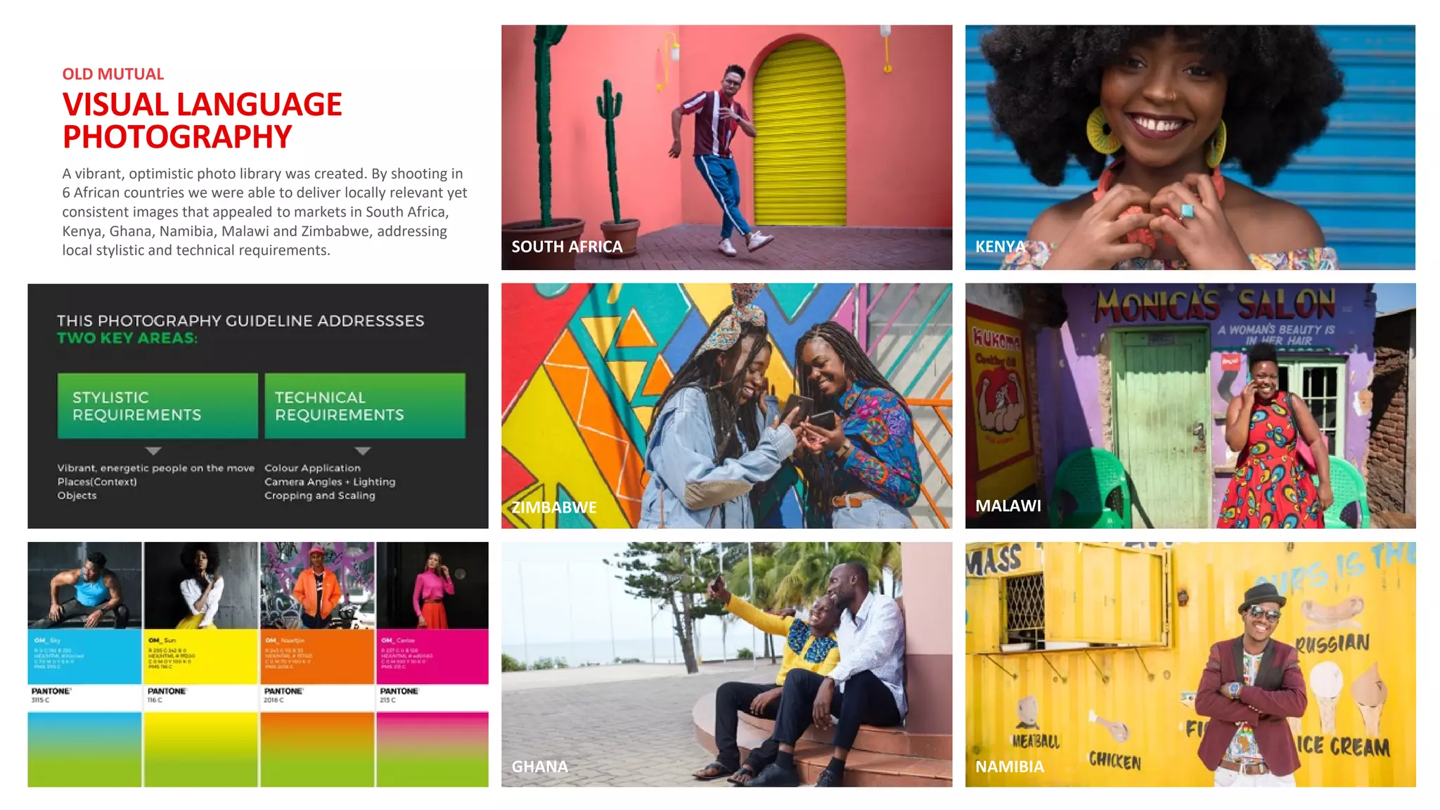 A vibrant, optimistic photo library was created. By shooting in
6 African countries we were able to deliver locally relevant yet
consistent images that appealed to markets in South Africa,
Kenya, Ghana, Namibia, Malawi and Zimbabwe, addressing
local stylistic and technical requirements.
MALAWI
KENYASOUTH AFRICA
ZIMBABWE
GHANA NAMIBIA
OLD MUTUAL
VISUAL LANGUAGE
PHOTOGRAPHY
 