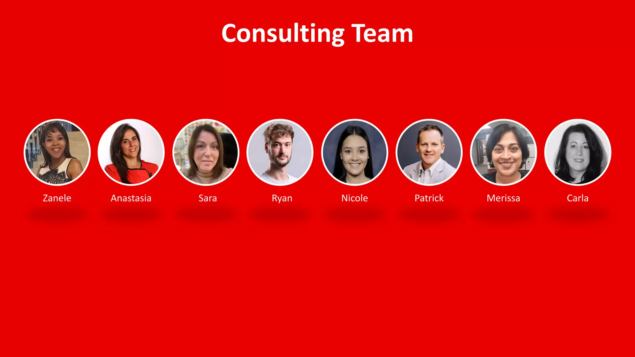 Consulting Team
Sara PatrickNicoleZanele MerissaAnastasia Ryan Carla
 