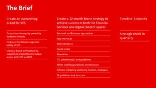 The Brief
Create an overarching
brand for VFS
Do not lose the equity owned by
Vodacom already
Embrace the Network Agnostic
ability of VFS
Create a brand architecture to
support all product teams output
across both VFS and DLS
Create a 12-month brand strategy to
achieve success in both the Financial
Services and digital content spaces
Personal and Business approaches
App interfaces
Web interfaces
Social media
Newsletter
TTL advertising CI and guidelines
White labelling guidelines and structure
Affiliate marketing platforms, toolkits, strategies
JV guidelines and structure
Timeline: 3 months
Strategic check-in
quarterly
 