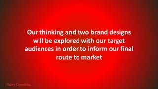 Our thinking and two brand designs
will be explored with our target
audiences in order to inform our final
route to market
 