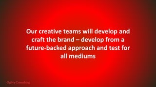 Our creative teams will develop and
craft the brand – develop from a
future-backed approach and test for
all mediums
 