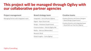 This project will be managed through Ogilvy with
our collaborative partner agencies
Project management
Managing Partner with Integrated team
Brand strategy team
Integrated – Sara & Nicole (Ogilvy)
Digital – Ryan (Social.Lab)
Design – Anastasia (SuperUnion)
Communication – Patrick (Ogilvy PR)
Media – Merissa (Wavemaker)
Research (KLA)
Global Insights – Carla (Ogilvy)
Creative teams
Creative Director and Senior Designer
– Brand Design (SuperUnion)
Creative Director and integrated team
– Brand Roll-out Tool Kits (Ogilvy)
 