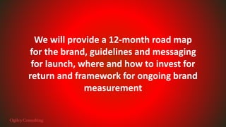 We will provide a 12-month road map
for the brand, guidelines and messaging
for launch, where and how to invest for
return and framework for ongoing brand
measurement
 