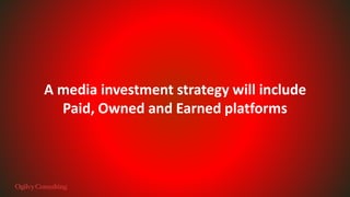A media investment strategy will include
Paid, Owned and Earned platforms
 