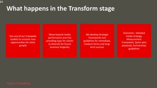 83
What happens in the Transform stage
Use any of our 5 bespoke
toolkits to uncover new
opportunities for client
growth
Move beyond media
performance and into
providing ways for clients
to diversify for future
business longevity
We develop Strategic
frameworks and
guidelines for immediate,
medium terms and long-
term success
Outcomes : Detailed
media strategy,
Measurement
Framework, Quick wins
playbook, Partnerships
guidelines
 