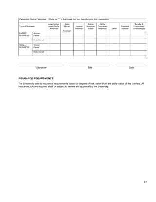 Ownership Status Categories: (Place an “X” in the boxes that best describe your firm’s ownership)

                                Asian/Indian      Black                   Native        White                               Socially &
 Type of Business               Asian/Pacific    African     Hispanic    American     Caucasian              Disabled      Economically
                                 American                    American     Indian      American       Other   Veteran      Disadvantaged
                                                American
 LARGE
 BUSINESS
                Woman-
                Owned
                                                                                                                               
                     
                Male-Owned
                     
                                                                                                                               
 SMALL
 BUSINESS
                Woman
                Owned
                                                                                                                               
                     
                Male-Owned
                     
                                                                                                                               



                    Signature                                             Title                                         Date



INSURANCE REQUIREMENTS:

The University selects insurance requirements based on degree of risk, rather than the dollar value of the contract. All
insurance policies required shall be subject to review and approval by the University.




                                                                                                                                     15
 