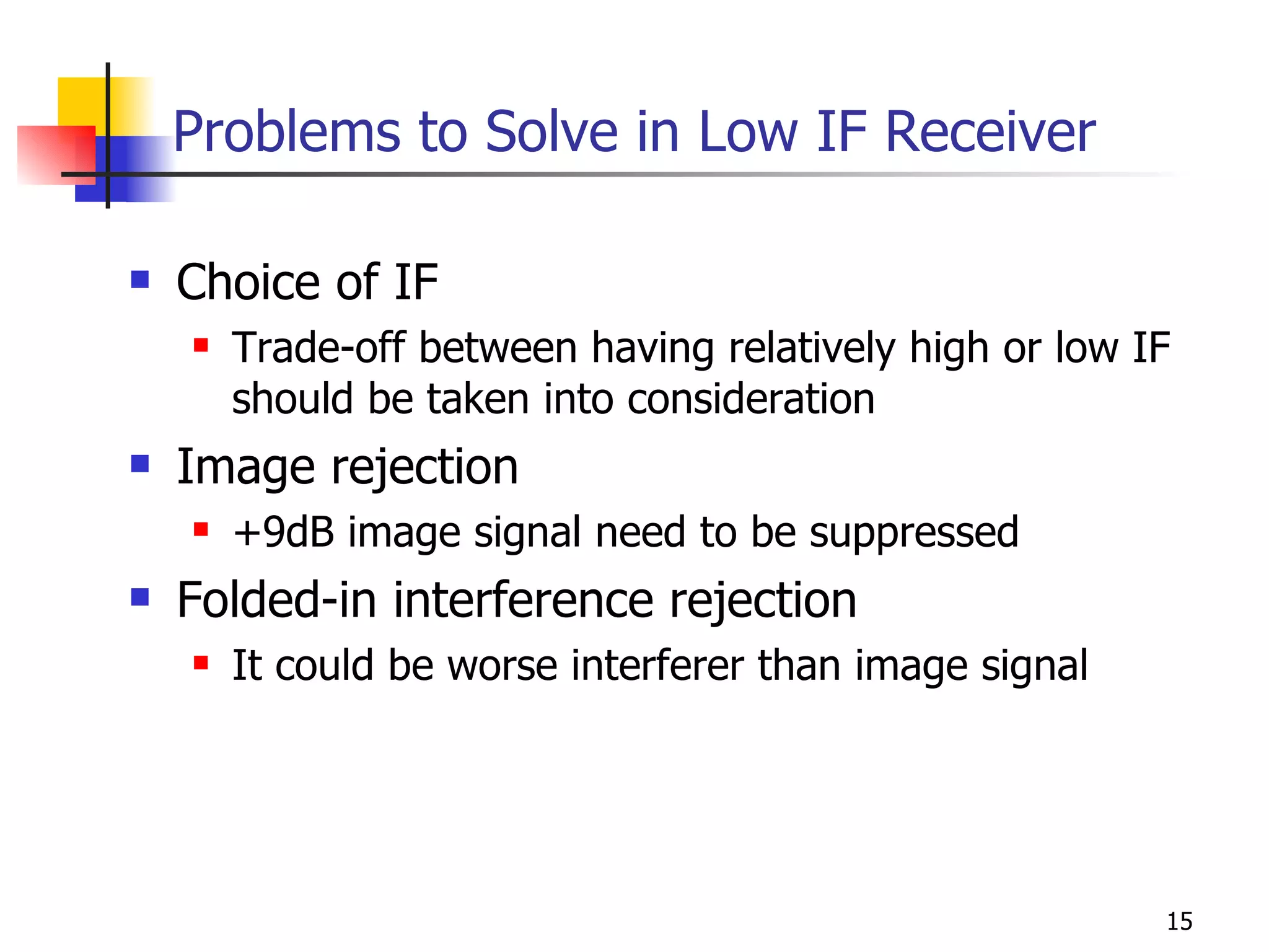 Problems to Solve in Low IF Receiver Choice of IF Trade-off between having relatively high or low IF should be taken into consideration Image rejection +9dB image signal need to be suppressed Folded-in interference rejection It could be worse interferer than image signal 