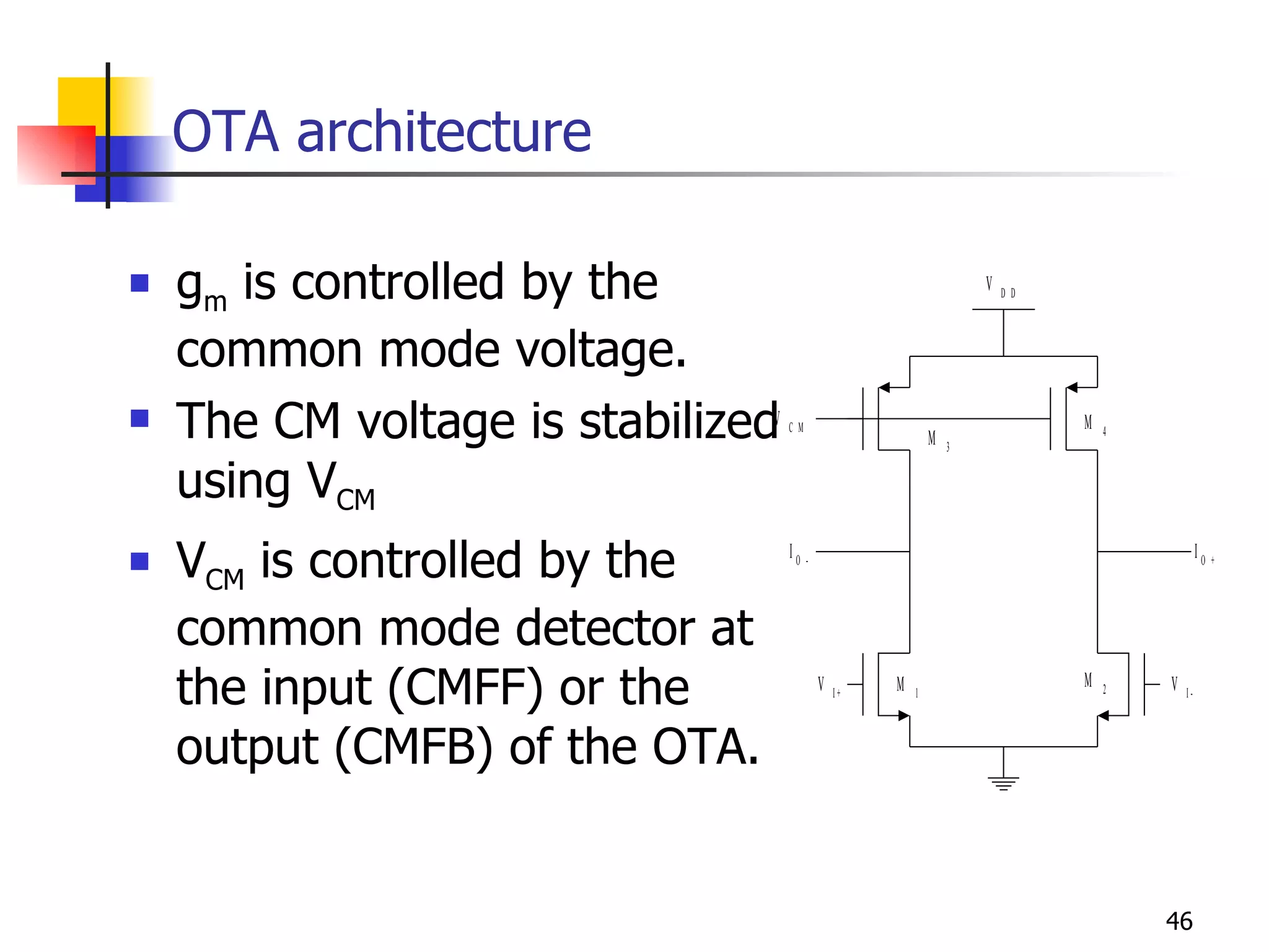 OTA architecture g m  is controlled by the common mode voltage. The CM voltage is stabilized using V CM V CM  is controlled by the common mode detector at the input (CMFF) or the output (CMFB) of the OTA. 
