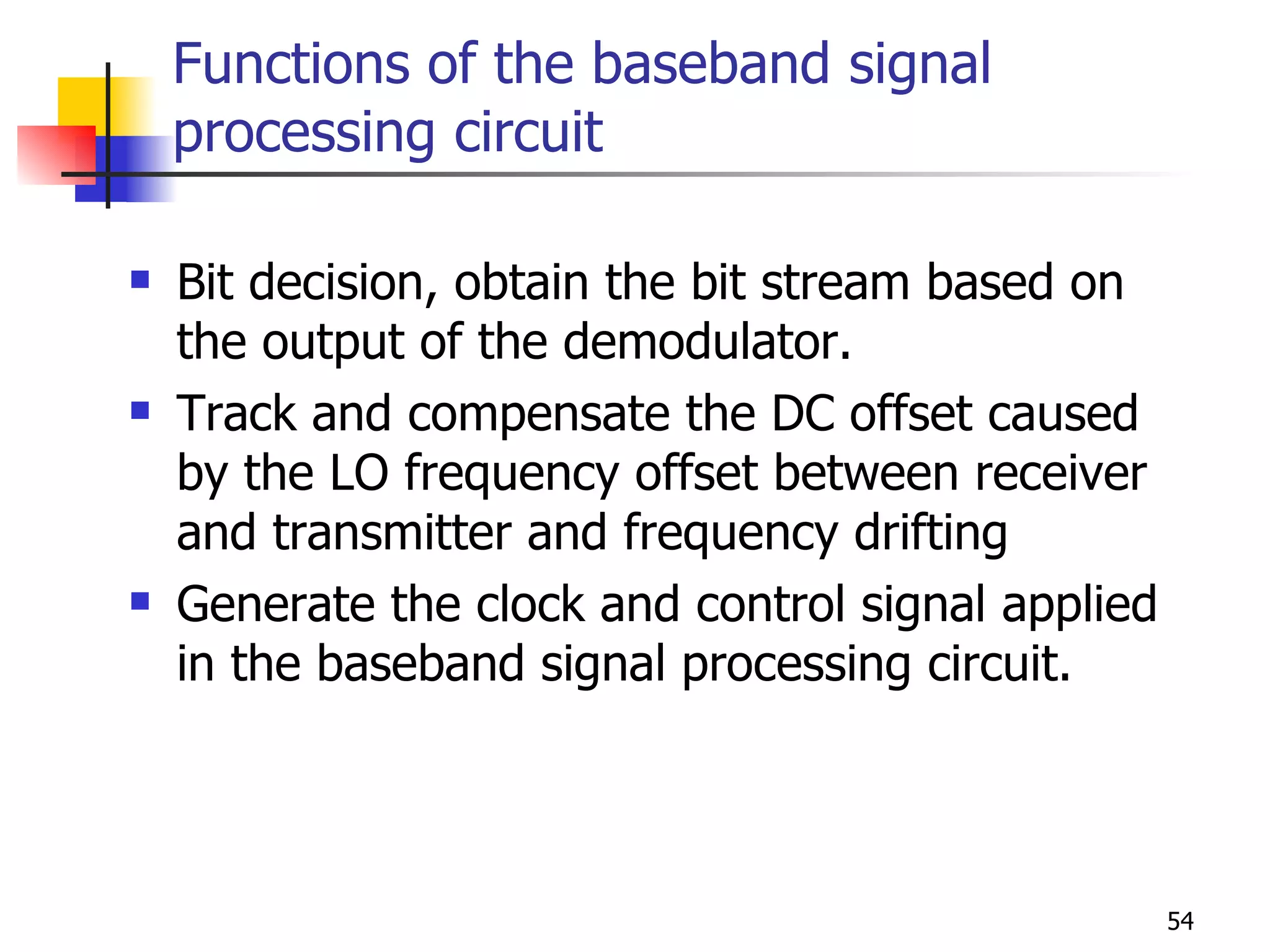 Functions of the baseband signal processing circuit Bit decision, obtain the bit stream based on the output of the demodulator. Track and compensate the DC offset caused by the LO frequency offset between receiver and transmitter and frequency drifting Generate the clock and control signal applied in the baseband signal processing circuit. 