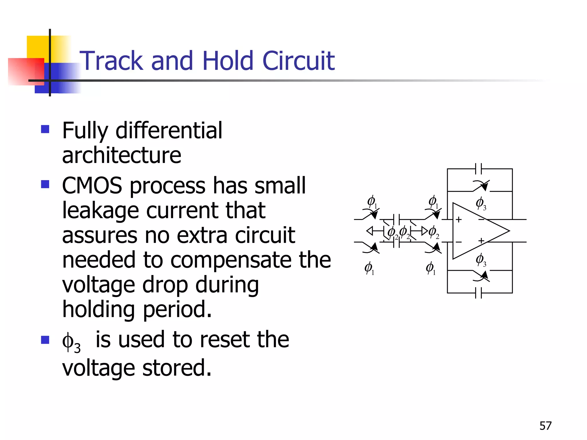 Track and Hold Circuit Fully differential architecture CMOS process has small leakage current that assures no extra circuit needed to compensate the voltage drop during holding period.  3   is used to reset the voltage stored. 