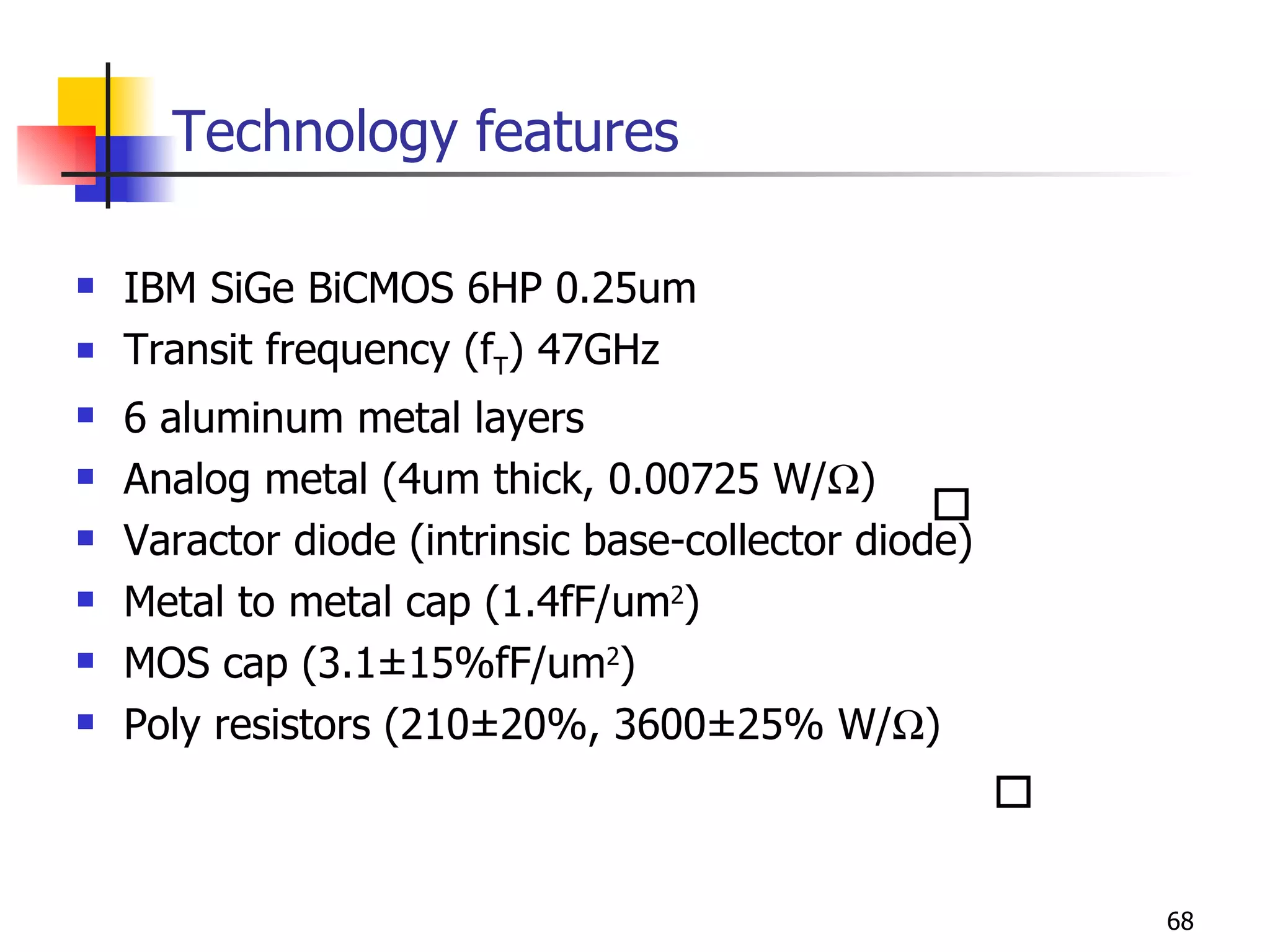 Technology features IBM SiGe BiCMOS 6HP 0.25um Transit frequency (f T ) 47GHz 6 aluminum metal layers Analog metal (4um thick, 0.00725 W/  ) Varactor diode (intrinsic base-collector diode) Metal to metal cap (1.4fF/um 2 ) MOS cap (3.1±15%fF/um 2 ) Poly resistors (210±20%, 3600±25% W/  ) 