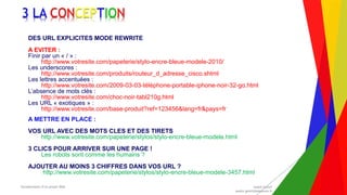 Encadrement d’un projet Web André Gentit
andre.gentit@estacom.fr
Encadrement d’un projet Web André Gentit
andre.gentit@estacom.fr
3 LA CONCEPTION
DES URL EXPLICITES MODE REWRITE
A EVITER :
Finir par un « / » :
http://www.votresite.com/papeterie/stylo-encre-bleue-modele-2010/
Les underscores :
http://www.votresite.com/produits/routeur_d_adresse_cisco.shtml
Les lettres accentuées :
http://www.votresite.com/2009-03-03-téléphone-portable-iphone-noir-32-go.html
L’absence de mots clés :
http://www.votresite.com/choc-noir-tabl210g.html
Les URL « exotiques » :
http://www.votresite.com/base-produit?ref=123456&lang=fr&pays=fr
A METTRE EN PLACE :
VOS URL AVEC DES MOTS CLES ET DES TIRETS
http://www.votresite.com/papeterie/stylos/stylo-encre-bleue-modele.html
3 CLICS POUR ARRIVER SUR UNE PAGE !
Les robots sont comme les humains ?
AJOUTER AU MOINS 3 CHIFFRES DANS VOS URL ?
http://www.votresite.com/papeterie/stylos/stylo-encre-bleue-modele-3457.html
 