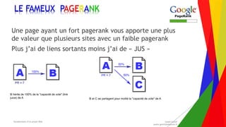 Encadrement d’un projet Web André Gentit
andre.gentit@estacom.fr
Encadrement d’un projet Web André Gentit
andre.gentit@estacom.fr
LE FAMEUX PAGERANK
Une page ayant un fort pagerank vous apporte une plus
de valeur que plusieurs sites avec un faible pagerank
Plus j’ai de liens sortants moins j’ai de « JUS »
B hérite de 100% de la "capacité de vote" (link
juice) de A B et C se partagent pour moitié la "capacité de vote" de A
 