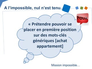 « Prétendre pouvoir se placer en première position sur des mots-clés génériques [achat appartement] 
A l’impossible, nul n’est tenu… 
Mission impossible…  