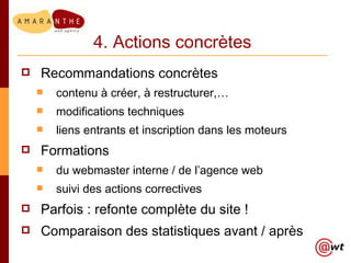 4. Actions concrètes <ul><li>Recommandations concrètes </li></ul><ul><ul><li>contenu à créer, à restructurer,… </li></ul><...