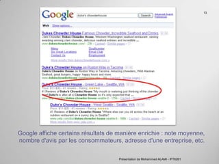 Google affiche certains résultats de manière enrichie : note moyenne, nombre d'avis par les consommateurs, adresse d'une entreprise, etc.  Présentation de Mohammed ALAMI - IFT6261 