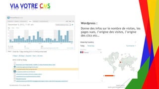 Encadrement d’un projet Web André Gentit
andre.gentit@estacom.fr
Encadrement d’un projet Web André Gentit
andre.gentit@estacom.fr
VIA VOTRE CMS
Wordpress :
Donne des infos sur le nombre de visites, les
pages vues, l’origine des visites, l’origine
des clics etc…
 