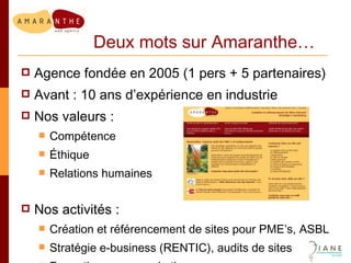 Deux mots sur Amaranthe… Agence fondée en 2005 (1 pers + 5 partenaires) Avant : 10 ans d’expérience en industrie Nos valeurs : Compétence Éthique Relations humaines Nos activités : Création et référencement de sites pour PME’s, ASBL Stratégie e-business (RENTIC), audits de sites Formations en e-marketing 