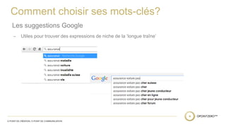 Comment choisir ses mots-clés? 
Les suggestions Google 
̶ Utiles pour trouver des expressions de niche de la ‘longue traîne’ 
 