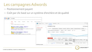 Les campagnes Adwords 
– Positionnement payant 
– Coût par clic basé sur un système d’enchère et de qualité 
 