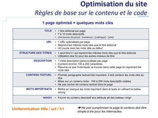 Optimisation du site
             Règles de base sur le contenu et le code
                  1 page optimisé = quelques mots clés
                   TITLE   • 1 titre éditorial par page
                           • 7 à 10 mots descriptifs
                           • Une bonne structure : [contenu] – [rubrique] – [site]
                    URL    • 1 URL spécialisée par page
                           • Reprend les mêmes mots clés que le titre éditorial
                           • Url courte avec les mots clés au début
    STRUCTURE DES TITRES   • 1 seul titre h1 qui reprend les mêmes mots clés que le titre éditorial
                           • Utilisation des hn pour les autres niveaux de titre
            DESCRIPTION    • 1 meta description personnalisée par page
                           • Contient environ 150 à 200 caractères
                           • Résume ce que l’internaute va trouver dans cette page en reprenant les
                             mots clés
        CONTENU TEXTUEL    • Premier paragraphe textuel très important, il doit contenir les mots clés du
                             titre
                           • Miser sur un contenu riche : 100 à 200 mots descriptifs visibles
                           • Ne pas cacher de contenu textuel dans la page
        MOTS IMPORTANTS    • Mettre en exergue les mots important dans le texte en utilisant la balise
                             strong

                  IMAGES   • Fournir du contenu descriptif aux attributs alt des balises <img>



Uniformisation title / url / h1                  Ne pas suroptimiser la page le contenu doit être
                                                simple à lire pour les internautes
 