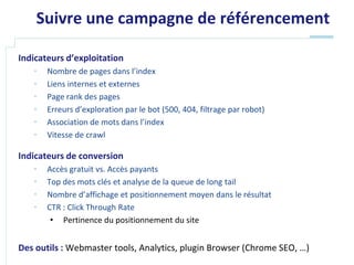 Suivre une campagne de référencement

Indicateurs d’exploitation
   •   Nombre de pages dans l’index
   •   Liens internes et externes
   •   Page rank des pages
   •   Erreurs d’exploration par le bot (500, 404, filtrage par robot)
   •   Association de mots dans l’index
   •   Vitesse de crawl

Indicateurs de conversion
   •   Accès gratuit vs. Accès payants
   •   Top des mots clés et analyse de la queue de long tail
   •   Nombre d’affichage et positionnement moyen dans le résultat
   •   CTR : Click Through Rate
        • Pertinence du positionnement du site


Des outils : Webmaster tools, Analytics, plugin Browser (Chrome SEO, …)
 