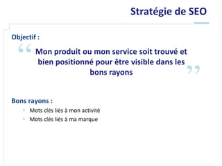 Stratégie de SEO

Objectif :

        Mon produit ou mon service soit trouvé et
        bien positionné pour être visible dans les
                      bons rayons


Bons rayons :
    Mots clés liés à mon activité
    Mots clés liés à ma marque
 