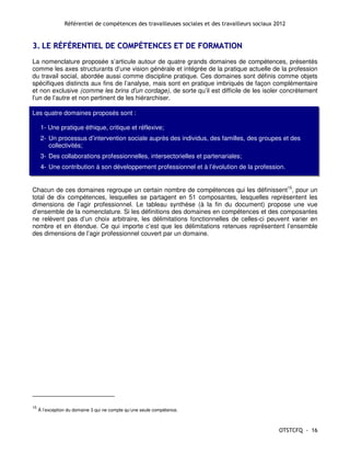Référentiel de compétences des travailleuses sociales et des travailleurs sociaux 2012


3. LE RÉFÉRENTIEL DE COMPÉTENCES ET DE FORMATION
La nomenclature proposée s’articule autour de quatre grands domaines de compétences, présentés
comme les axes structurants d’une vision générale et intégrée de la pratique actuelle de la profession
du travail social, abordée aussi comme discipline pratique. Ces domaines sont définis comme objets
spécifiques distincts aux fins de l’analyse, mais sont en pratique imbriqués de façon complémentaire
et non exclusive (comme les brins d’un cordage), de sorte qu’il est difficile de les isoler concrètement
l’un de l’autre et non pertinent de les hiérarchiser.

Les quatre domaines proposés sont :

      1- Une pratique éthique, critique et réflexive;
      2- Un processus d’intervention sociale auprès des individus, des familles, des groupes et des
         collectivités;
      3- Des collaborations professionnelles, intersectorielles et partenariales;
      4- Une contribution à son développement professionnel et à l’évolution de la profession.


Chacun de ces domaines regroupe un certain nombre de compétences qui les définissent15, pour un
total de dix compétences, lesquelles se partagent en 51 composantes, lesquelles représentent les
dimensions de l’agir professionnel. Le tableau synthèse (à la fin du document) propose une vue
d’ensemble de la nomenclature. Si les définitions des domaines en compétences et des composantes
ne relèvent pas d’un choix arbitraire, les délimitations fonctionnelles de celles-ci peuvent varier en
nombre et en étendue. Ce qui importe c’est que les délimitations retenues représentent l’ensemble
des dimensions de l’agir professionnel couvert par un domaine.




15
     À l’exception du domaine 3 qui ne compte qu’une seule compétence.



                                                                                                    OTSTCFQ - 16
 