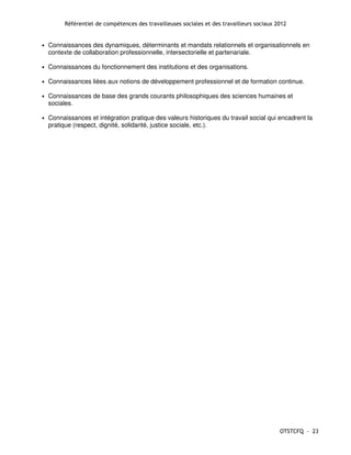 Référentiel de compétences des travailleuses sociales et des travailleurs sociaux 2012


•   Connaissances des dynamiques, déterminants et mandats relationnels et organisationnels en
    contexte de collaboration professionnelle, intersectorielle et partenariale.

•   Connaissances du fonctionnement des institutions et des organisations.

•   Connaissances liées aux notions de développement professionnel et de formation continue.

•   Connaissances de base des grands courants philosophiques des sciences humaines et
    sociales.

•   Connaissances et intégration pratique des valeurs historiques du travail social qui encadrent la
    pratique (respect, dignité, solidarité, justice sociale, etc.).




                                                                                            OTSTCFQ - 23
 