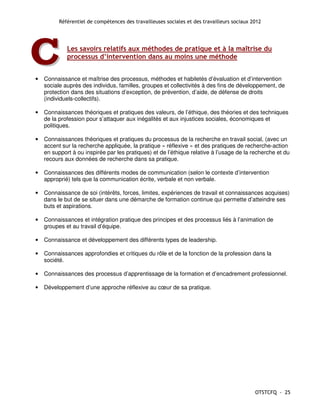 Référentiel de compétences des travailleuses sociales et des travailleurs sociaux 2012




C
•
             Les savoirs relatifs aux méthodes de pratique et à la maîtrise du
             processus d’intervention dans au moins une méthode


    Connaissance et maîtrise des processus, méthodes et habiletés d’évaluation et d’intervention
    sociale auprès des individus, familles, groupes et collectivités à des fins de développement, de
    protection dans des situations d’exception, de prévention, d’aide, de défense de droits
    (individuels-collectifs).

•   Connaissances théoriques et pratiques des valeurs, de l’éthique, des théories et des techniques
    de la profession pour s’attaquer aux inégalités et aux injustices sociales, économiques et
    politiques.

•   Connaissances théoriques et pratiques du processus de la recherche en travail social, (avec un
    accent sur la recherche appliquée, la pratique « réflexive » et des pratiques de recherche-action
    en support à ou inspirée par les pratiques) et de l’éthique relative à l’usage de la recherche et du
    recours aux données de recherche dans sa pratique.

•   Connaissances des différents modes de communication (selon le contexte d’intervention
    approprié) tels que la communication écrite, verbale et non verbale.

•   Connaissance de soi (intérêts, forces, limites, expériences de travail et connaissances acquises)
    dans le but de se situer dans une démarche de formation continue qui permette d’atteindre ses
    buts et aspirations.

•   Connaissances et intégration pratique des principes et des processus liés à l’animation de
    groupes et au travail d’équipe.

•   Connaissance et développement des différents types de leadership.

•   Connaissances approfondies et critiques du rôle et de la fonction de la profession dans la
    société.

•   Connaissances des processus d’apprentissage de la formation et d’encadrement professionnel.

•   Développement d’une approche réflexive au cœur de sa pratique.




                                                                                             OTSTCFQ - 25
 