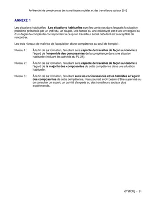 Référentiel de compétences des travailleuses sociales et des travailleurs sociaux 2012


ANNEXE 1
Les situations habituelles : Les situations habituelles sont les contextes dans lesquels la situation
problème présentée par un individu, un couple, une famille ou une collectivité est d’une envergure ou
d’un degré de complexité correspondant à ce qu’un travailleur social débutant est susceptible de
rencontrer.

Les trois niveaux de maîtrise de l’acquisition d’une compétence au seuil de l’emploi :

Niveau 1 :      À la fin de sa formation, l’étudiant sera capable de travailler de façon autonome à
                l’égard de l’ensemble des composantes de la compétence dans une situation
                habituelle (incluant les activités du PL 21);

Niveau 2 :      À la fin de sa formation, l’étudiant sera capable de travailler de façon autonome à
                l’égard de la majorité des composantes de cette compétence dans une situation
                habituelle;

Niveau 3 :      À la fin de sa formation, l’étudiant aura les connaissances et les habiletés à l’égard
                des composantes de cette compétence, mais pourrait avoir besoin d’être supervisé ou
                de consulter un expert, un comité d’experts ou des travailleurs sociaux plus
                expérimentés.




                                                                                                OTSTCFQ - 31
 