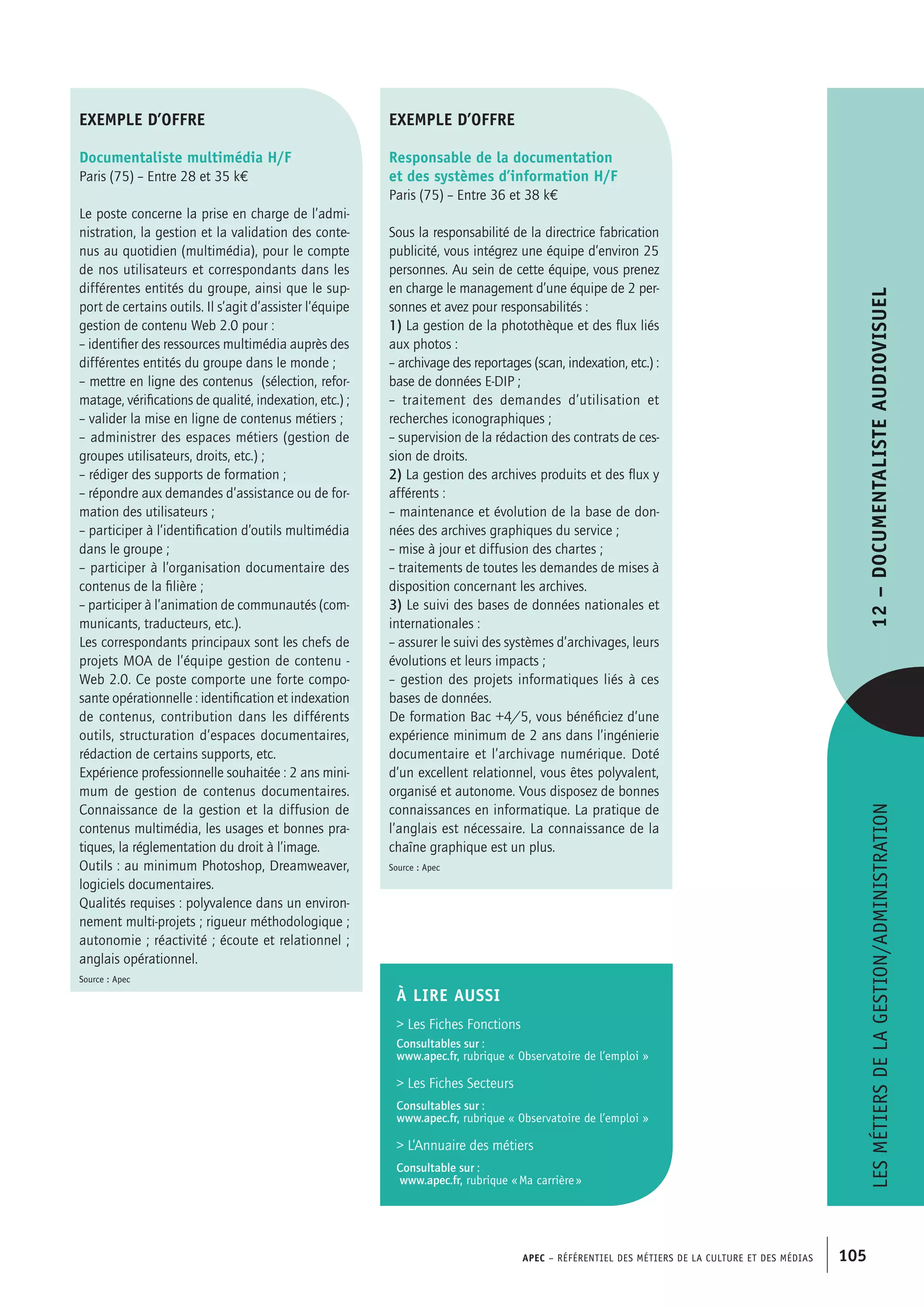 APEC – Référentiel des métiers de la culture et des médias 105
Lesmétiersdelagestion/administration12–Documentalisteaudiovisuel
exemple d’offre
Documentaliste multimédia H/F
Paris (75) – Entre 28 et 35 k€
Le poste concerne la prise en charge de l’admi-
nistration, la gestion et la validation des conte-
nus au quotidien (multimédia), pour le compte
de nos utilisateurs et correspondants dans les
différentes entités du groupe, ainsi que le sup-
port de certains outils. Il s’agit d’assister l’équipe
gestion de contenu Web 2.0 pour :
– identifier des ressources multimédia auprès des
différentes entités du groupe dans le monde ;
– mettre en ligne des contenus (sélection, refor-
matage, vérifications de qualité, indexation, etc.) ;
– valider la mise en ligne de contenus métiers ;
– administrer des espaces métiers (gestion de
groupes utilisateurs, droits, etc.) ;
– rédiger des supports de formation ;
– répondre aux demandes d’assistance ou de for-
mation des utilisateurs ;
– participer à l’identification d’outils multimédia
dans le groupe ;
– participer à l’organisation documentaire des
contenus de la filière ;
– participer à l’animation de communautés (com-
municants, traducteurs, etc.).
Les correspondants principaux sont les chefs de
projets MOA de l’équipe gestion de contenu -
Web 2.0. Ce poste comporte une forte compo-
sante opérationnelle : identification et indexation
de contenus, contribution dans les différents
outils, structuration d’espaces documentaires,
rédaction de certains supports, etc.
Expérience professionnelle souhaitée : 2 ans mini-
mum de gestion de contenus documentaires.
Connaissance de la gestion et la diffusion de
contenus multimédia, les usages et bonnes pra-
tiques, la réglementation du droit à l’image.
Outils : au minimum Photoshop, Dreamweaver,
logiciels documentaires.
Qualités requises : polyvalence dans un environ-
nement multi-projets ; rigueur méthodologique ;
autonomie ; réactivité ; écoute et relationnel ;
anglais opérationnel.
Source : Apec
exemple d’offre
Responsable de la documentation
et des systèmes d’information H/F
Paris (75) – Entre 36 et 38 k€
Sous la responsabilité de la directrice fabrication
publicité, vous intégrez une équipe d’environ 25
personnes. Au sein de cette équipe, vous prenez
en charge le management d’une équipe de 2 per-
sonnes et avez pour responsabilités :
1) La gestion de la photothèque et des flux liés
aux photos :
– archivage des reportages (scan, indexation, etc.) :
base de données E-DIP ;
– traitement des demandes d’utilisation et
recherches iconographiques ;
– supervision de la rédaction des contrats de ces-
sion de droits.
2) La gestion des archives produits et des flux y
afférents :
– maintenance et évolution de la base de don-
nées des archives graphiques du service ;
– mise à jour et diffusion des chartes ;
– traitements de toutes les demandes de mises à
disposition concernant les archives.
3) Le suivi des bases de données nationales et
internationales :
– assurer le suivi des systèmes d’archivages, leurs
évolutions et leurs impacts ;
– gestion des projets informatiques liés à ces
bases de données.
De formation Bac +4/5, vous bénéficiez d’une
expérience minimum de 2 ans dans l’ingénierie
documentaire et l’archivage numérique. Doté
d’un excellent relationnel, vous êtes polyvalent,
organisé et autonome. Vous disposez de bonnes
connaissances en informatique. La pratique de
l’anglais est nécessaire. La connaissance de la
chaîne graphique est un plus.
Source : Apec
À LIRE aussi
 Les Fiches Fonctions
Consultables sur :
www.apec.fr, rubrique « Observatoire de l’emploi »
 Les Fiches Secteurs
Consultables sur :
www.apec.fr, rubrique « Observatoire de l’emploi »
 L’Annuaire des métiers
Consultable sur :
www.apec.fr, rubrique « Ma carrière »
 