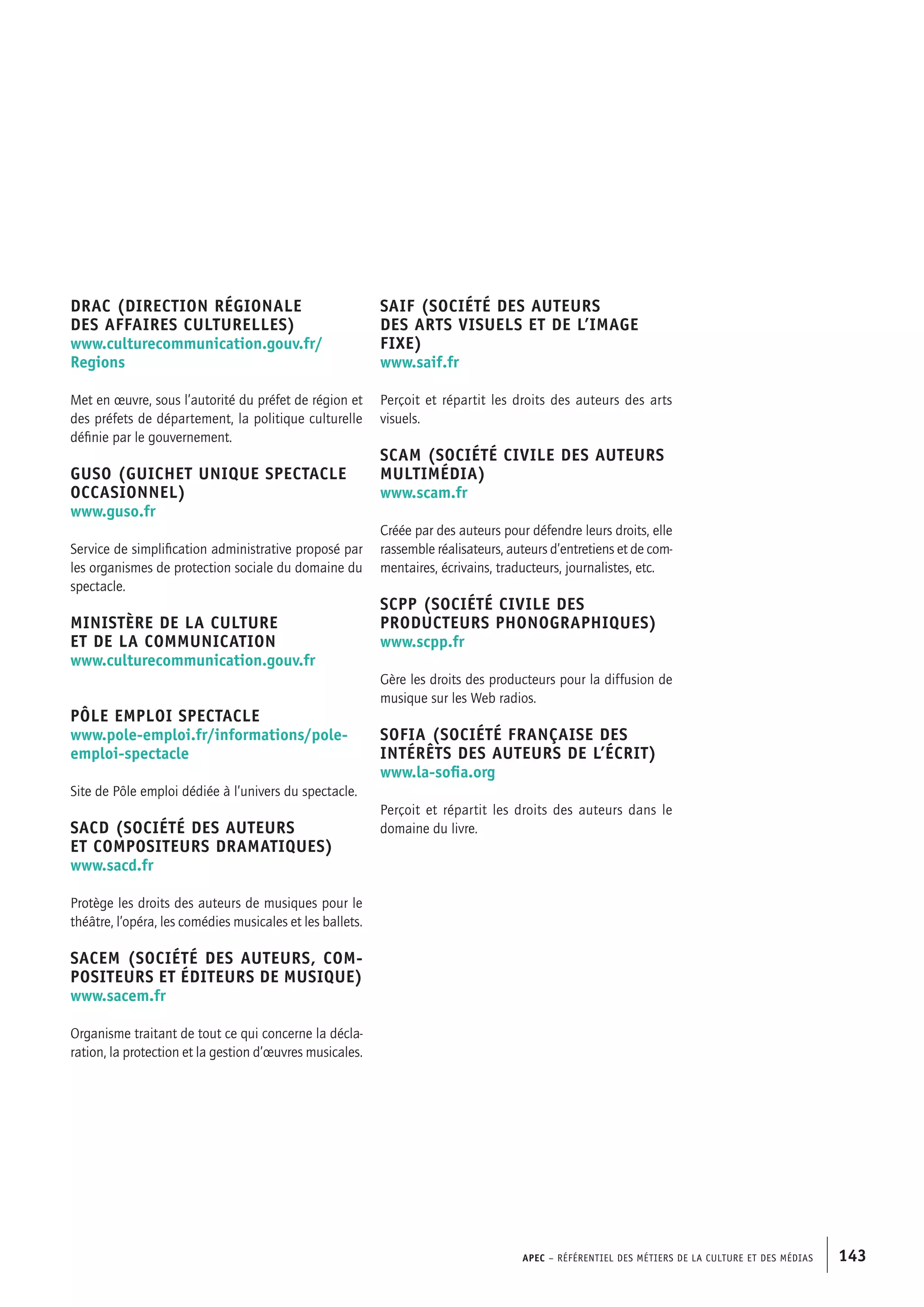 APEC – Référentiel des métiers de la culture et des médias 143
SAIF (Société des auteurs
des arts visuels et de l’image
fixe)
www.saif.fr
Perçoit et répartit les droits des auteurs des arts
visuels.
SCAM (Société civile des auteurs
multimédia)
www.scam.fr
Créée par des auteurs pour défendre leurs droits, elle
rassemble réalisateurs, auteurs d’entretiens et de com-
mentaires, écrivains, traducteurs, journalistes, etc.
SCPP (Société civile des
producteurs phonographiques)
www.scpp.fr
Gère les droits des producteurs pour la diffusion de
musique sur les Web radios.
SOFIA (Société française des
intérêts des auteurs de l’écrit)
www.la-sofia.org
Perçoit et répartit les droits des auteurs dans le
domaine du livre.
DRAC (Direction régionale
des affaires culturelles)
www.culturecommunication.gouv.fr/
Regions
Met en œuvre, sous l’autorité du préfet de région et
des préfets de département, la politique culturelle
définie par le gouvernement.
GUSO (Guichet unique spectacle
occasionnel)
www.guso.fr
Service de simplification administrative proposé par
les organismes de protection sociale du domaine du
spectacle.
Ministère de la culture
et de la communication
www.culturecommunication.gouv.fr
Pôle emploi spectacle
www.pole-emploi.fr/informations/pole-
emploi-spectacle
Site de Pôle emploi dédiée à l’univers du spectacle.
SACD (Société des auteurs
et compositeurs dramatiques)
www.sacd.fr
Protège les droits des auteurs de musiques pour le
théâtre, l’opéra, les comédies musicales et les ballets.
SACEM (Société des auteurs, com-
positeurs et éditeurs de musique)
www.sacem.fr
Organisme traitant de tout ce qui concerne la décla-
ration, la protection et la gestion d’œuvres musicales.
 