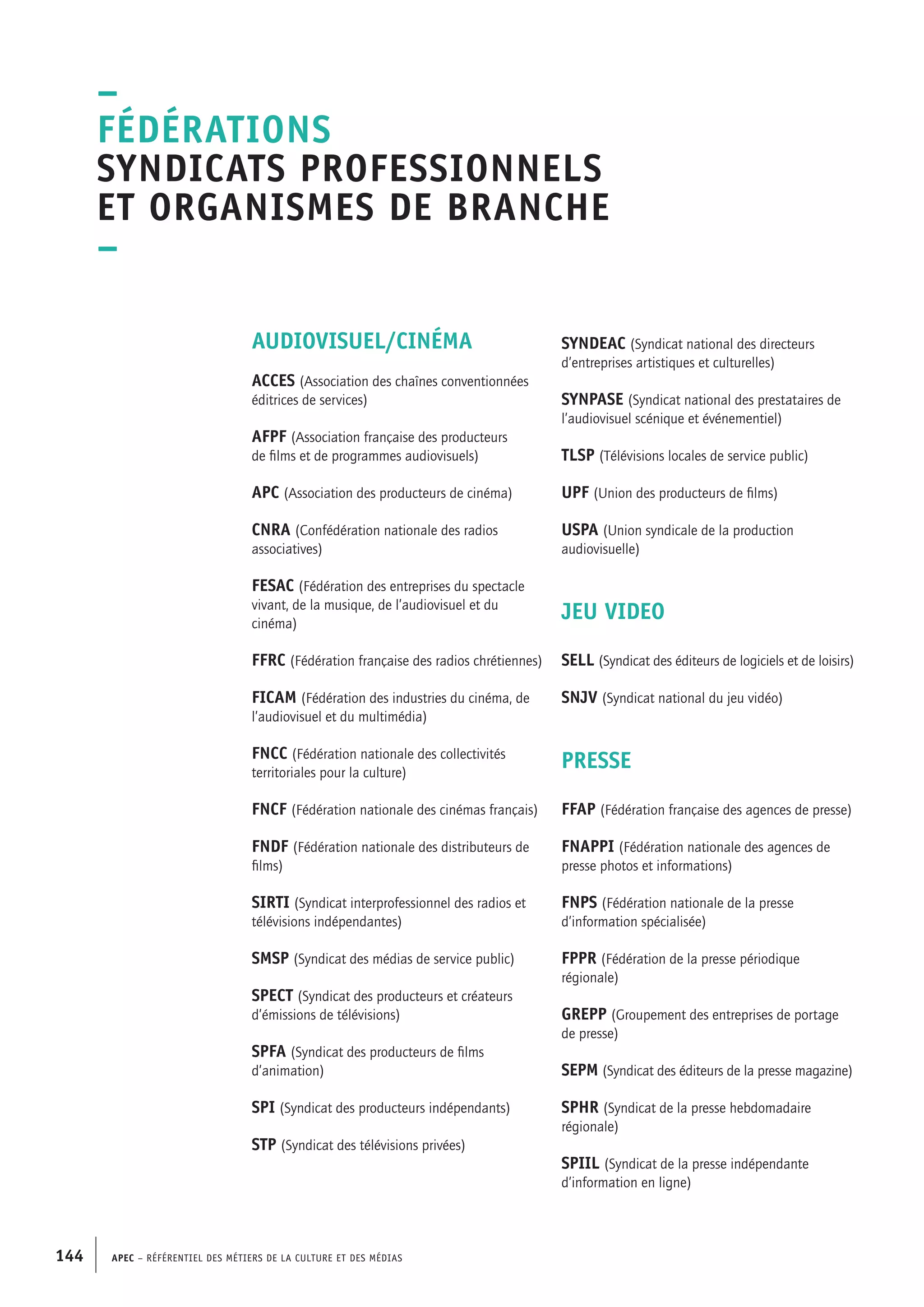 APEC – Référentiel des métiers de la culture et des médias144
SYNDEAC (Syndicat national des directeurs
d’entreprises artistiques et culturelles)
SYNPASE (Syndicat national des prestataires de
l’audiovisuel scénique et événementiel)
TLSP (Télévisions locales de service public)
UPF (Union des producteurs de films)
USPA (Union syndicale de la production
audiovisuelle)
JEU VIDEO
SELL (Syndicat des éditeurs de logiciels et de loisirs)
SNJV (Syndicat national du jeu vidéo)
PRESSE
FFAP (Fédération française des agences de presse)
FNAPPI (Fédération nationale des agences de
presse photos et informations)
FNPS (Fédération nationale de la presse
d’information spécialisée)
FPPR (Fédération de la presse périodique
régionale)
GREPP (Groupement des entreprises de portage
de presse)
SEPM (Syndicat des éditeurs de la presse magazine)
SPHR (Syndicat de la presse hebdomadaire
régionale)
SPIIL (Syndicat de la presse indépendante
d’information en ligne)
AUDIOVISUEL/CINÉMA
ACCES (Association des chaînes conventionnées
éditrices de services)
AFPF (Association française des producteurs
de films et de programmes audiovisuels)
APC (Association des producteurs de cinéma)
CNRA (Confédération nationale des radios
associatives)
FESAC (Fédération des entreprises du spectacle
vivant, de la musique, de l’audiovisuel et du
cinéma)
FFRC (Fédération française des radios chrétiennes)
FICAM (Fédération des industries du cinéma, de
l’audiovisuel et du multimédia)
FNCC (Fédération nationale des collectivités
territoriales pour la culture)
FNCF (Fédération nationale des cinémas français)
FNDF (Fédération nationale des distributeurs de
films)
SIRTI (Syndicat interprofessionnel des radios et
télévisions indépendantes)
SMSP (Syndicat des médias de service public)
SPECT (Syndicat des producteurs et créateurs
d’émissions de télévisions)
SPFA (Syndicat des producteurs de films
d’animation)
SPI (Syndicat des producteurs indépendants)
STP (Syndicat des télévisions privées)
–
Fédérations
syndicats professionnels
et organismes de branche
–
 