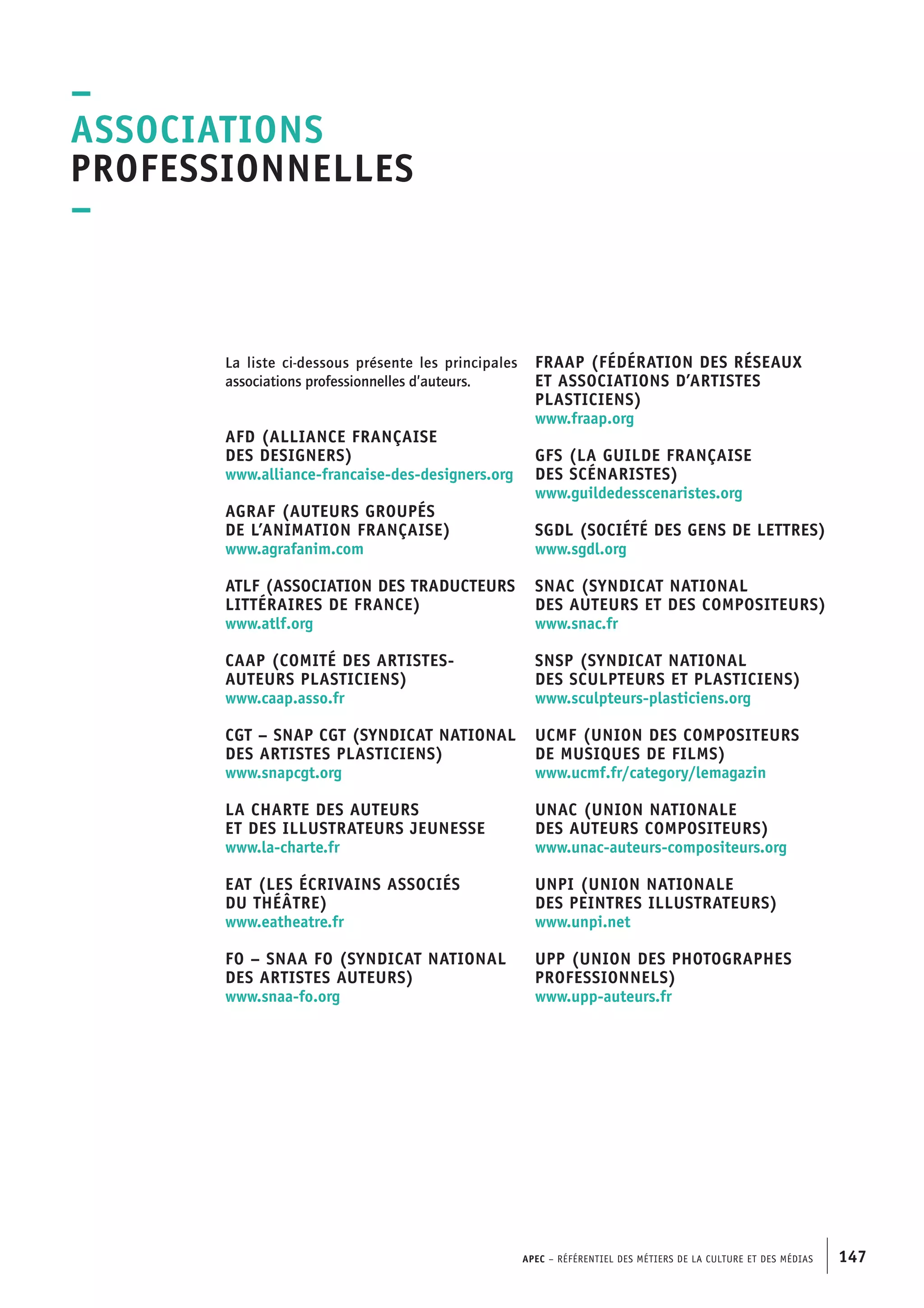APEC – Référentiel des métiers de la culture et des médias 147
FRAAP (Fédération des réseaux
et associations d’artistes
plasticiens)
www.fraap.org
GFS (La Guilde française
des scénaristes)
www.guildedesscenaristes.org
SGDL (Société des gens de lettres)
www.sgdl.org
SNAC (Syndicat national
des auteurs et des compositeurs)
www.snac.fr
SNSP (Syndicat national
des sculpteurs et plasticiens)
www.sculpteurs-plasticiens.org
UCMF (Union des compositeurs
de musiques de films)
www.ucmf.fr/category/lemagazin
UNAC (Union nationale
des auteurs compositeurs)
www.unac-auteurs-compositeurs.org
UNPI (Union nationale
des peintres illustrateurs)
www.unpi.net
UPP (Union des photographes
professionnels)
www.upp-auteurs.fr
La liste ci-dessous présente les principales
associations professionnelles d’auteurs.
AFD (Alliance française
des designers)
www.alliance-francaise-des-designers.org
AGrAF (Auteurs groupés
de l’animation française)
www.agrafanim.com
ATLF (Association des traducteurs
littéraires de France)
www.atlf.org
CAAP (Comité des artistes-
auteurs plasticiens)
www.caap.asso.fr
CGT – SNAP CGT (Syndicat national
des artistes plasticiens)
www.snapcgt.org
La Charte des auteurs
et des illustrateurs jeunesse
www.la-charte.fr
EAT (Les écrivains associés
du théâtre)
www.eatheatre.fr
FO – SNAA FO (Syndicat national
des artistes auteurs)
www.snaa-fo.org
–
Associations
professionnelles
–
 
