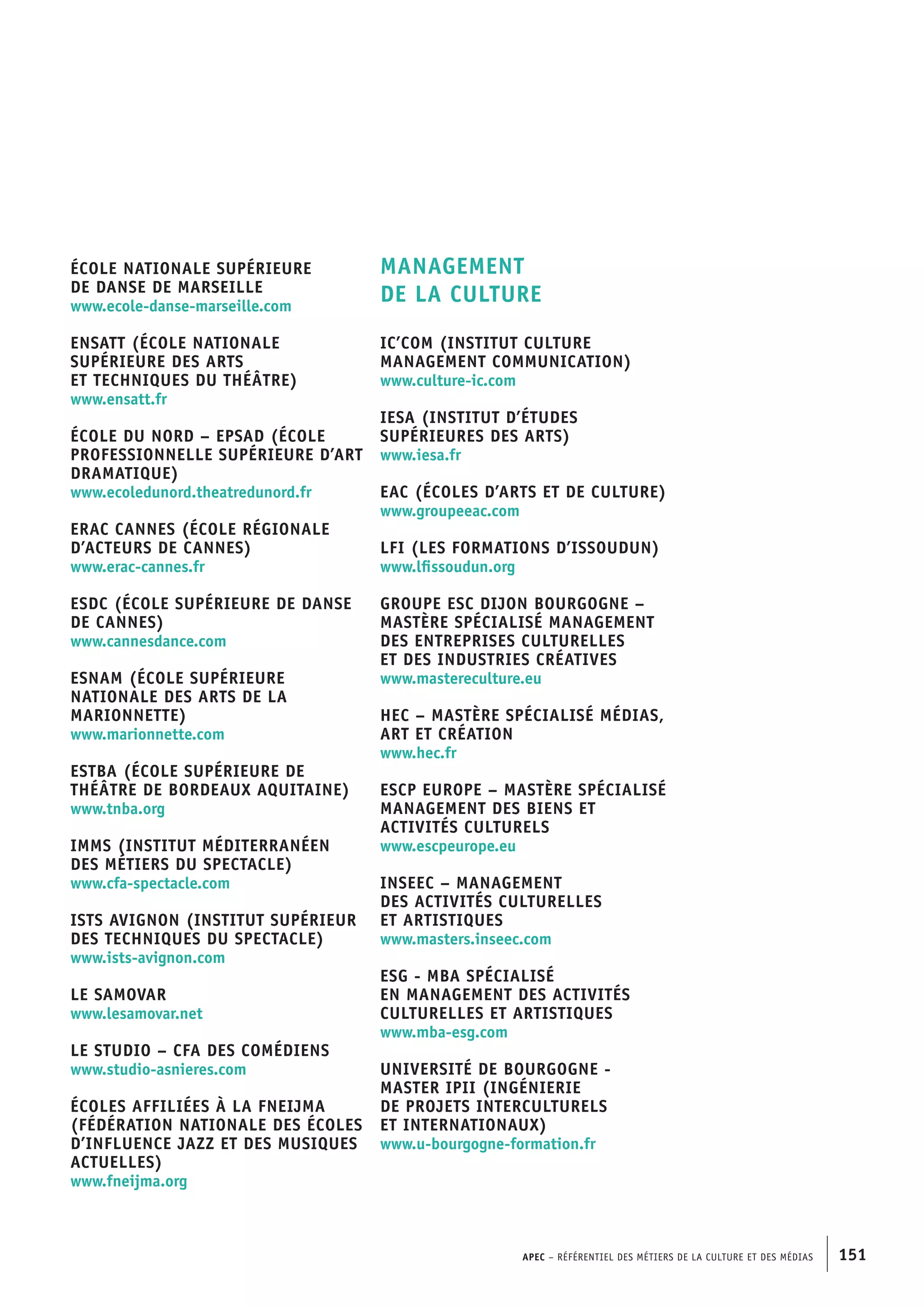 APEC – Référentiel des métiers de la culture et des médias 151
École nationale supérieure
de danse de Marseille
www.ecole-danse-marseille.com
ENSATT (École nationale
supérieure des arts
et techniques du théâtre)
www.ensatt.fr
École du Nord – EPSAD (École
professionnelle supérieure d’art
dramatique)
www.ecoledunord.theatredunord.fr
ERAC Cannes (École régionale
d’acteurs de Cannes)
www.erac-cannes.fr
ESDC (École supérieure de danse
de Cannes)
www.cannesdance.com
ESNAM (École supérieure
nationale des arts de la
marionnette)
www.marionnette.com
ESTBA (École supérieure de
théâtre de Bordeaux Aquitaine)
www.tnba.org
IMMS (Institut méditerranéen
des métiers du spectacle)
www.cfa-spectacle.com
ISTS Avignon (Institut supérieur
des techniques du spectacle)
www.ists-avignon.com
Le Samovar
www.lesamovar.net
Le Studio – CFA des comédiens
www.studio-asnieres.com
Écoles affiliées à la FNEIJMA
(Fédération nationale des écoles
d’influence jazz et des musiques
actuelles)
www.fneijma.org
MANAGEMENT
DE LA CULTURE
IC’COM (Institut culture
management communication)
www.culture-ic.com
IESA (Institut d’études
supérieures des arts)
www.iesa.fr
EAC (Écoles d’arts et de culture)
www.groupeeac.com
LFI (Les formations d’Issoudun)
www.lfissoudun.org
Groupe ESC Dijon Bourgogne –
Mastère spécialisé Management
des entreprises culturelles
et des industries créatives
www.mastereculture.eu
HEC – Mastère spécialisé Médias,
art et création
www.hec.fr
ESCP Europe – Mastère spécialisé
Management des biens et
activités culturels
www.escpeurope.eu
INSEEC – Management
des activités culturelles
et artistiques
www.masters.inseec.com
ESG - MBA Spécialisé
en Management des activités
culturelles et artistiques
www.mba-esg.com
Université de Bourgogne -
Master IPII (Ingénierie
de projets interculturels
et internationaux)
www.u-bourgogne-formation.fr
 