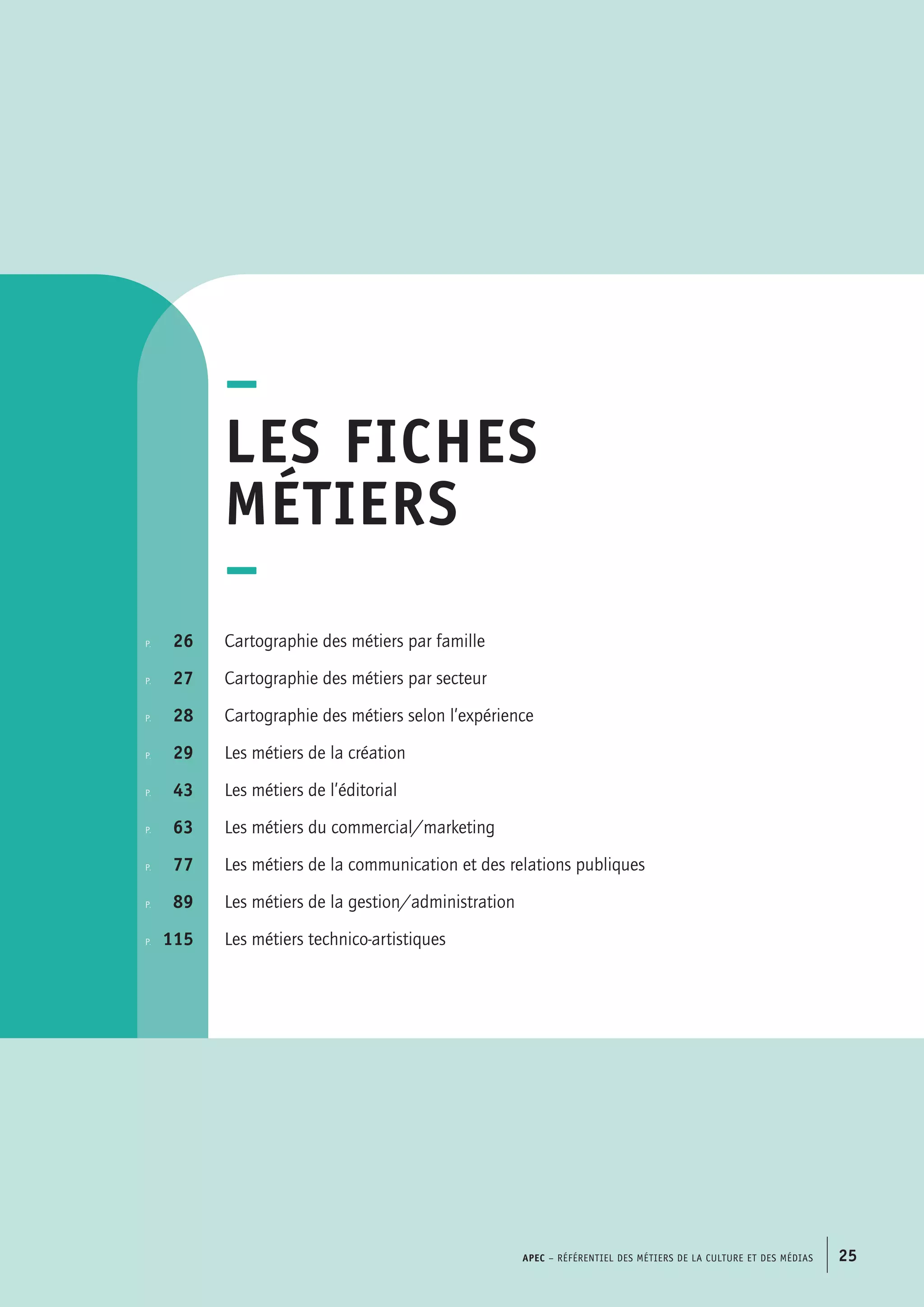 p.  	 26
p. 	 27
p.	 28
p. 	 29
p.  	 43
p.	 63
p.	 77
p.	 89
p.	 115
–
Les fiches
métiers
–
Cartographie des métiers par famille
Cartographie des métiers par secteur
Cartographie des métiers selon l’expérience
Les métiers de la création
Les métiers de l’éditorial
Les métiers du commercial/marketing
Les métiers de la communication et des relations publiques
Les métiers de la gestion/administration
Les métiers technico-artistiques
APEC – Référentiel des métiers de la culture et des médias 25
 