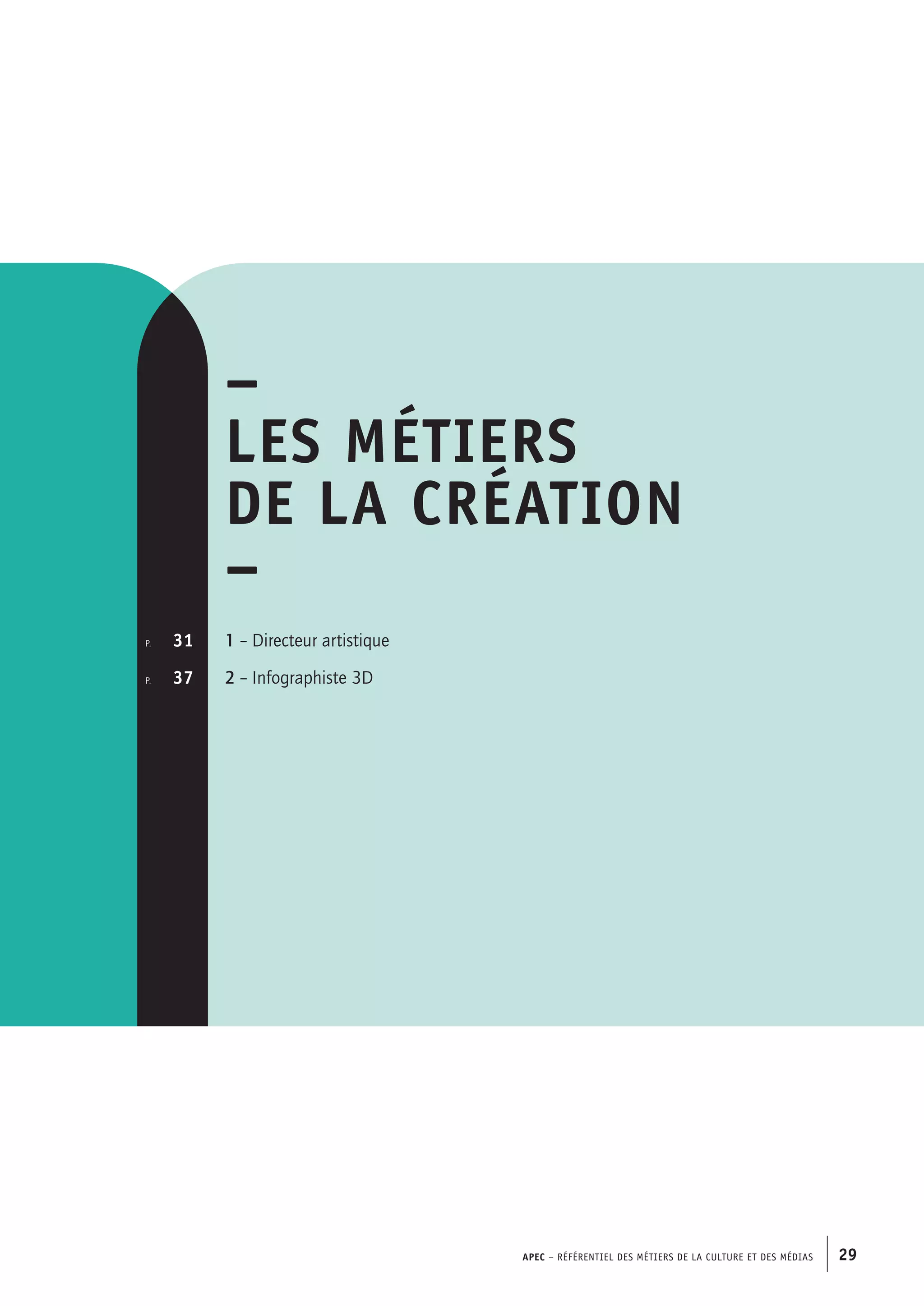 APEC – Référentiel des métiers de la culture et des médias 29
p.  	 31
p. 	 37
–
Les métiers
de la création
–
1 – Directeur artistique
2 – Infographiste 3D
 