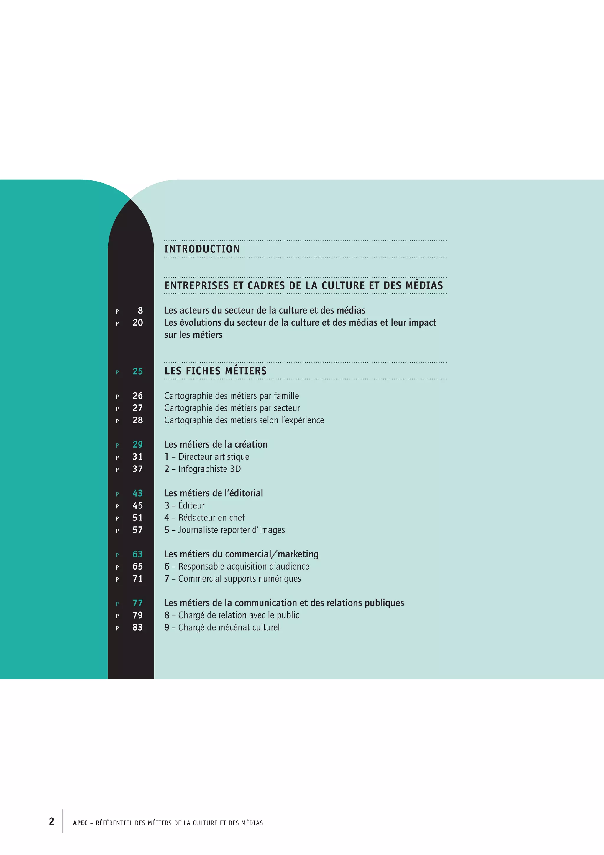 APEC – Référentiel des métiers de la culture et des médias2
p.  	 8
p. 	 20
p. 	 25
p.  	 26
p. 	 27
p. 	 28
p.	 29
p. 	 31
p.  	 37
p. 	 43
p. 	 45
p. 	 51
p. 	 57
p.	 63
p.	 65
p. 	 71
p.	 77
p. 	 79
p. 	 83
INTRODUCTION
EntrepriseS et cadres de lA culture et des médias
Les acteurs du secteur de la culture et des médias			
Les évolutions du secteur de la culture et des médias et leur impact
sur les métiers
les FICHES MÉTIERS
Cartographie des métiers par famille
Cartographie des métiers par secteur
Cartographie des métiers selon l’expérience
Les métiers de la création
1 – Directeur artistique 				
2 – Infographiste 3D	
Les métiers de l’éditorial
3 – Éditeur				
4 – Rédacteur en chef
5 – Journaliste reporter d’images
						
Les métiers du commercial/marketing 				
6 – Responsable acquisition d’audience
7 – Commercial supports numériques 		
Les métiers de la communication et des relations publiques
8 – Chargé de relation avec le public				
9 – Chargé de mécénat culturel			
 