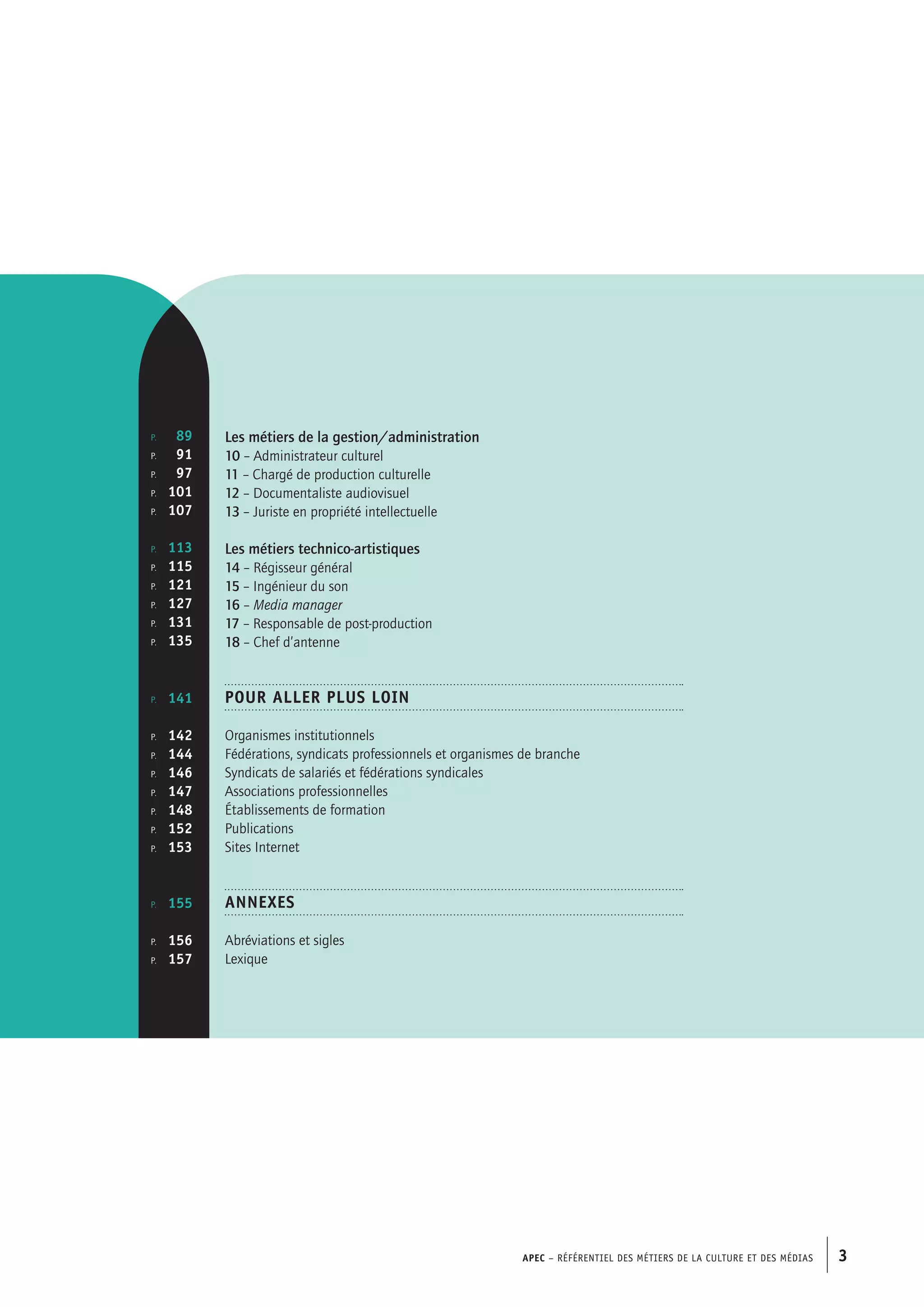 APEC – Référentiel des métiers de la culture et des médias 3
p. 	 89
p. 	 91
p. 	 97
p. 	 101
p. 	 107
p. 	 113
p. 	 115
p. 	 121
p. 	 127
p. 	 131
p. 	 135
p. 	 141
p. 	 142
p. 	 144
p. 	 146
p. 	 147
p. 	 148
p. 	 152
p. 	 153
p. 	 155
p. 	 156
p. 	 157
Les métiers de la gestion/administration
10 – Administrateur culturel
11 – Chargé de production culturelle
12 – Documentaliste audiovisuel
13 – Juriste en propriété intellectuelle
Les métiers technico-artistiques
14 – Régisseur général
15 – Ingénieur du son
16 – Media manager
17 – Responsable de post-production
18 – Chef d’antenne
POUR ALLER PLUS LOIN
Organismes institutionnels
Fédérations, syndicats professionnels et organismes de branche
Syndicats de salariés et fédérations syndicales
Associations professionnelles
Établissements de formation
Publications
Sites Internet
ANNEXES
Abréviations et sigles
Lexique
 