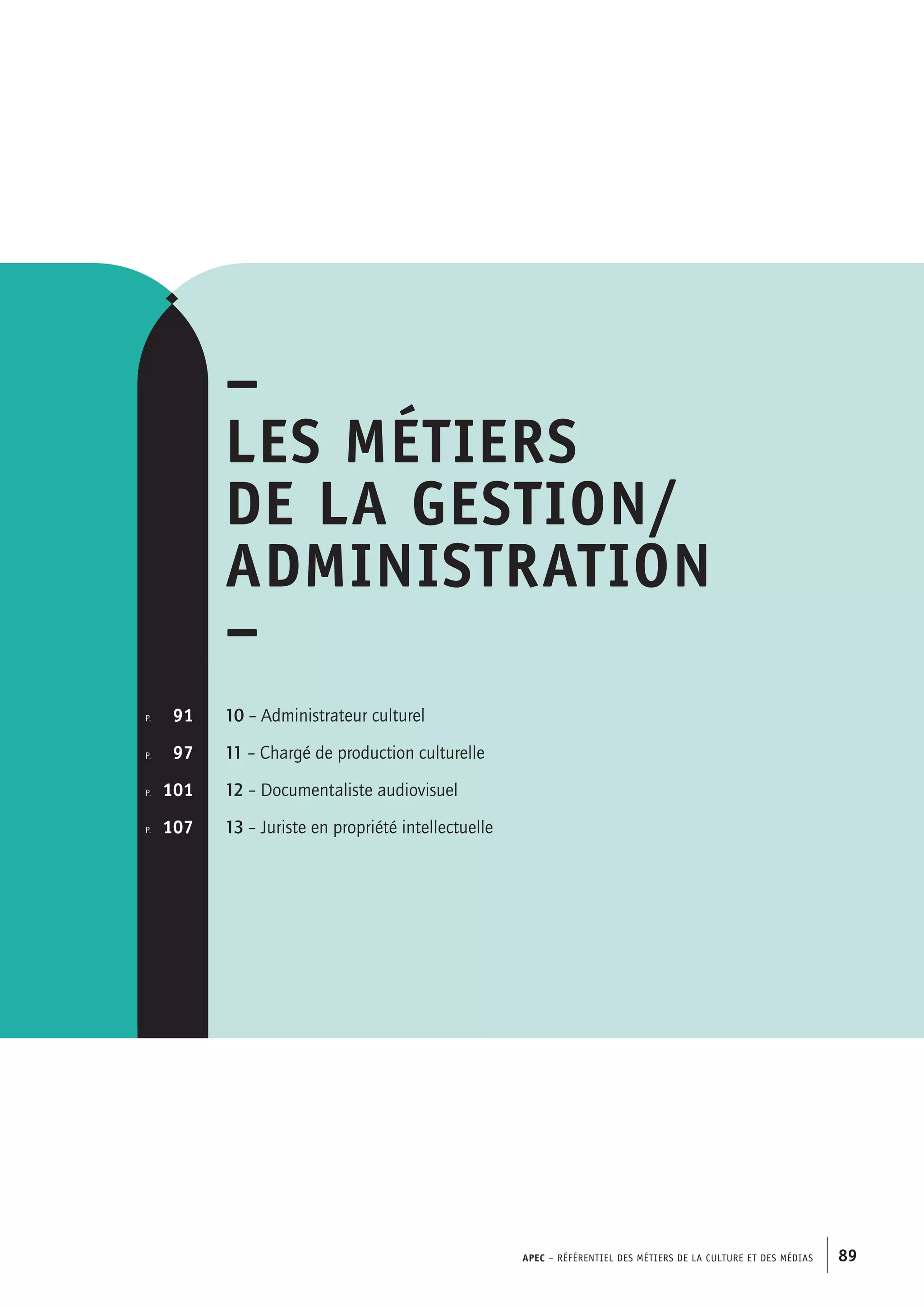 APEC – Référentiel des métiers de la culture et des médias 89
–
Les métiers
de la gestion/
administration
–
10 – Administrateur culturel
11 – Chargé de production culturelle
12 – Documentaliste audiovisuel
13 – Juriste en propriété intellectuelle
p.  	 91
p. 	 97
p.	 101
p. 	 107
 