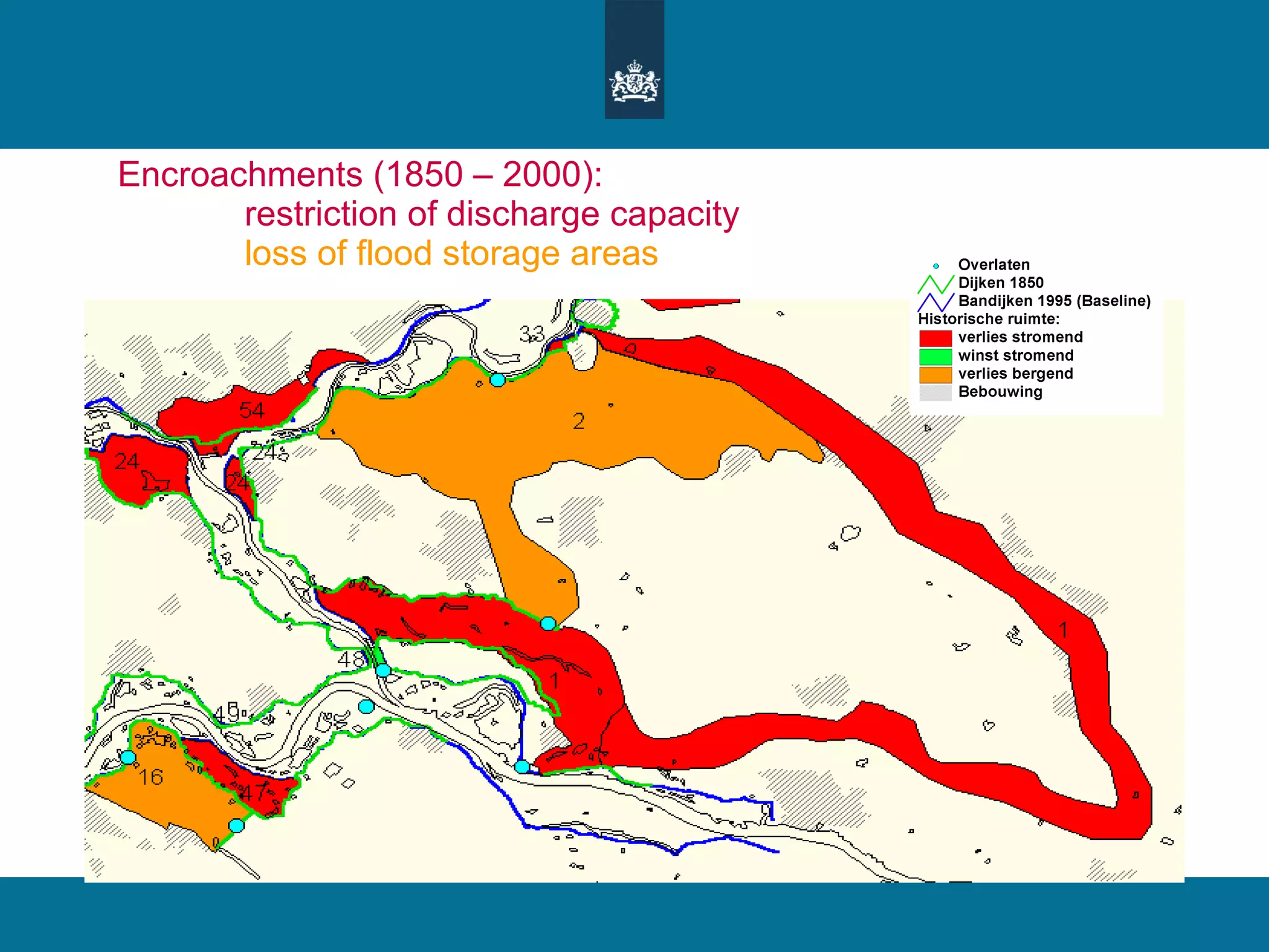 Encroachments (1850 – 2000): restriction of discharge capacity loss of flood storage areas 
