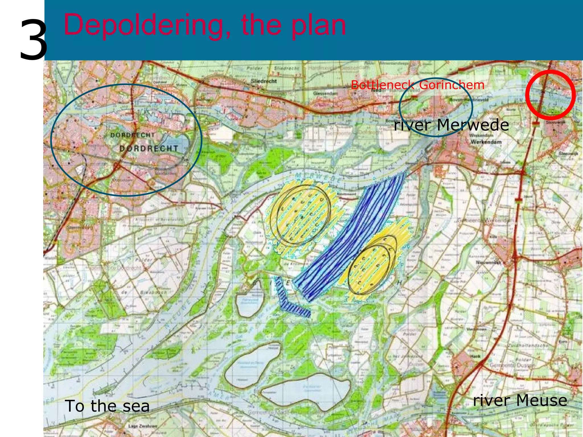 Depoldering, the plan 3 river Meuse To the sea river Merwede Bottleneck Gorinchem 