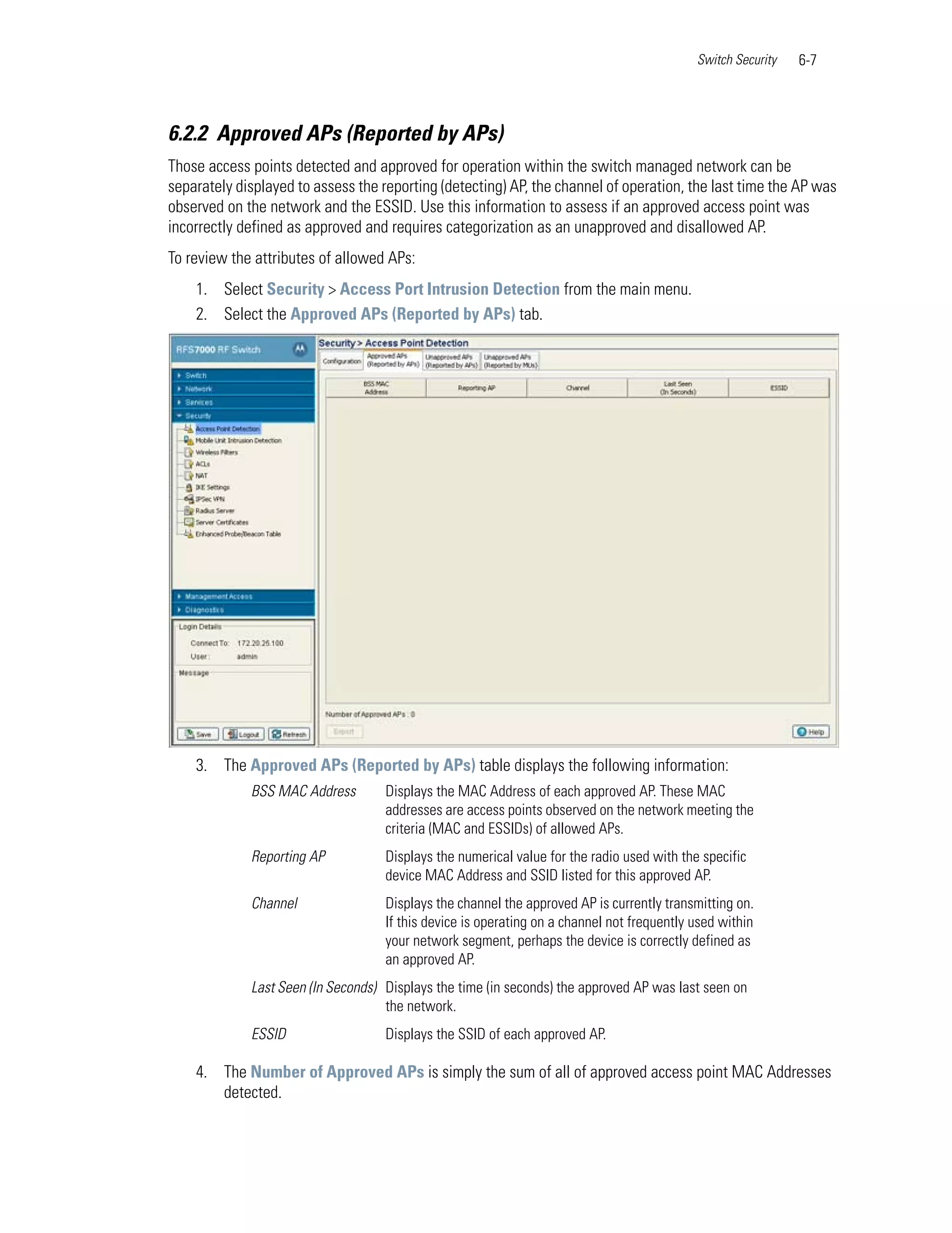 Switch Security   6-7



6.2.2 Approved APs (Reported by APs)
Those access points detected and approved for operation within the switch managed network can be
separately displayed to assess the reporting (detecting) AP, the channel of operation, the last time the AP was
observed on the network and the ESSID. Use this information to assess if an approved access point was
incorrectly defined as approved and requires categorization as an unapproved and disallowed AP.
To review the attributes of allowed APs:
    1. Select Security > Access Port Intrusion Detection from the main menu.
    2. Select the Approved APs (Reported by APs) tab.




    3. The Approved APs (Reported by APs) table displays the following information:
             BSS MAC Address        Displays the MAC Address of each approved AP. These MAC
                                    addresses are access points observed on the network meeting the
                                    criteria (MAC and ESSIDs) of allowed APs.
             Reporting AP           Displays the numerical value for the radio used with the specific
                                    device MAC Address and SSID listed for this approved AP.
             Channel                Displays the channel the approved AP is currently transmitting on.
                                    If this device is operating on a channel not frequently used within
                                    your network segment, perhaps the device is correctly defined as
                                    an approved AP.
             Last Seen (In Seconds) Displays the time (in seconds) the approved AP was last seen on
                                    the network.
             ESSID                  Displays the SSID of each approved AP.

    4. The Number of Approved APs is simply the sum of all of approved access point MAC Addresses
       detected.
 